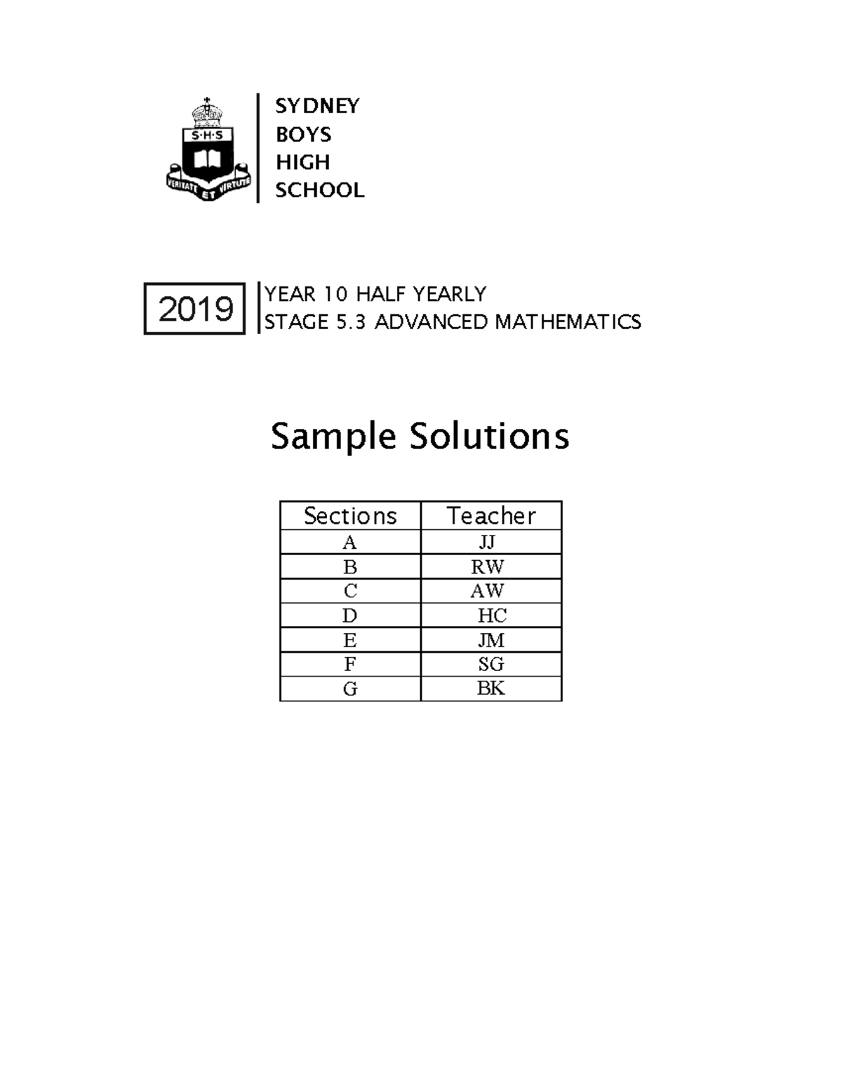 SBHS 2019 Y10 Half Yearly Solutions - Math Answers - Studocu