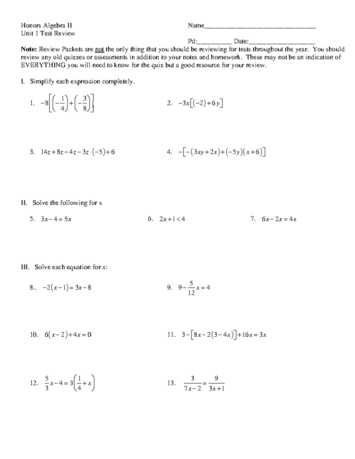 Algebra 2 Unit 1 Test Review Study Guide 2022 - Studocu