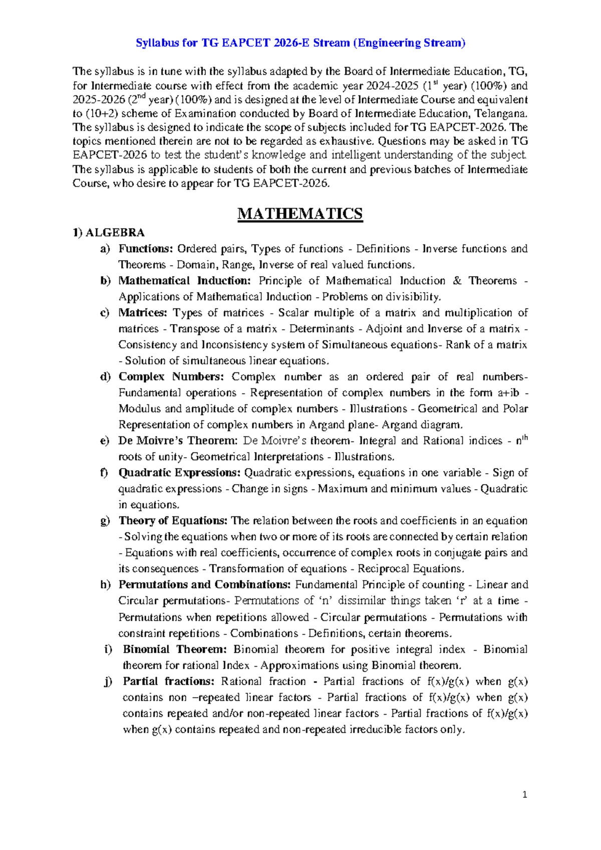 Syllabus for TG EAPCET Engineering Stream: Comprehensive Overview - Studocu