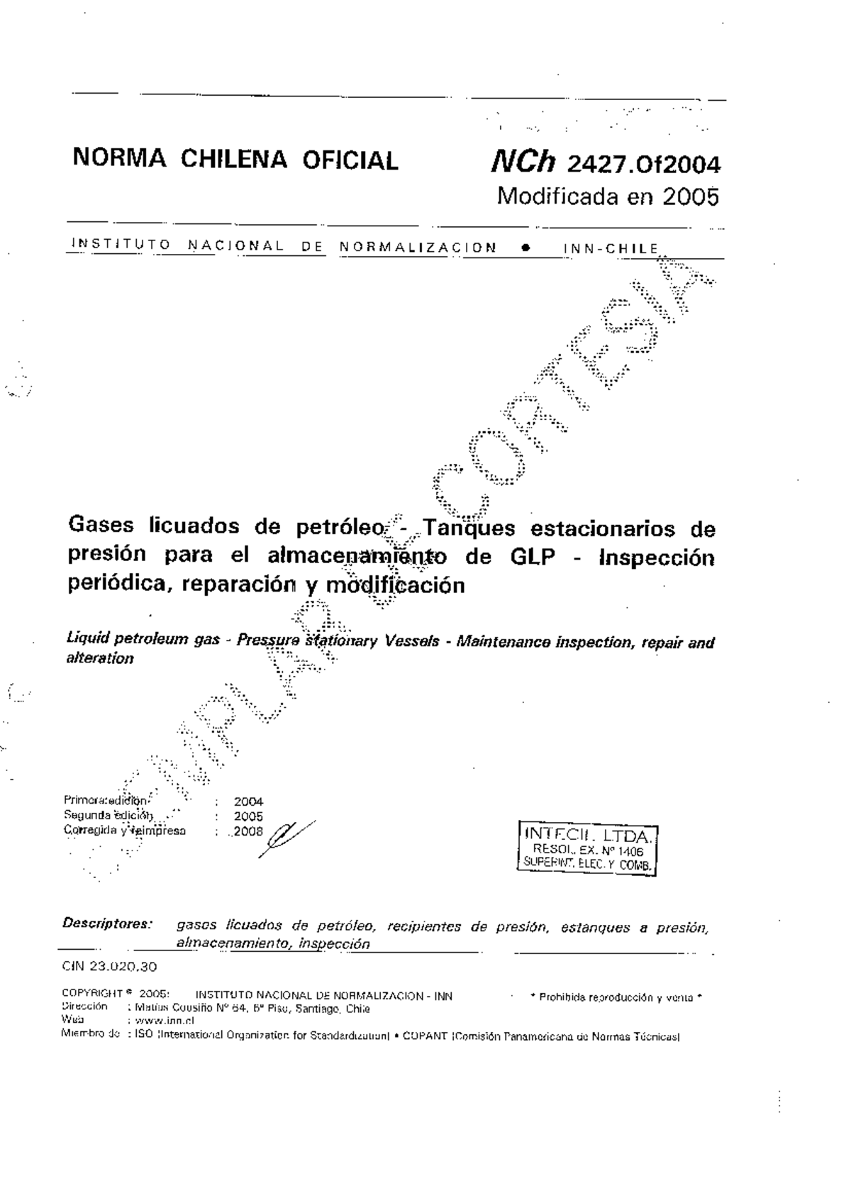 NCH 2427: Norma Chilena para Certificación de Tanques a Presión (2005 ...