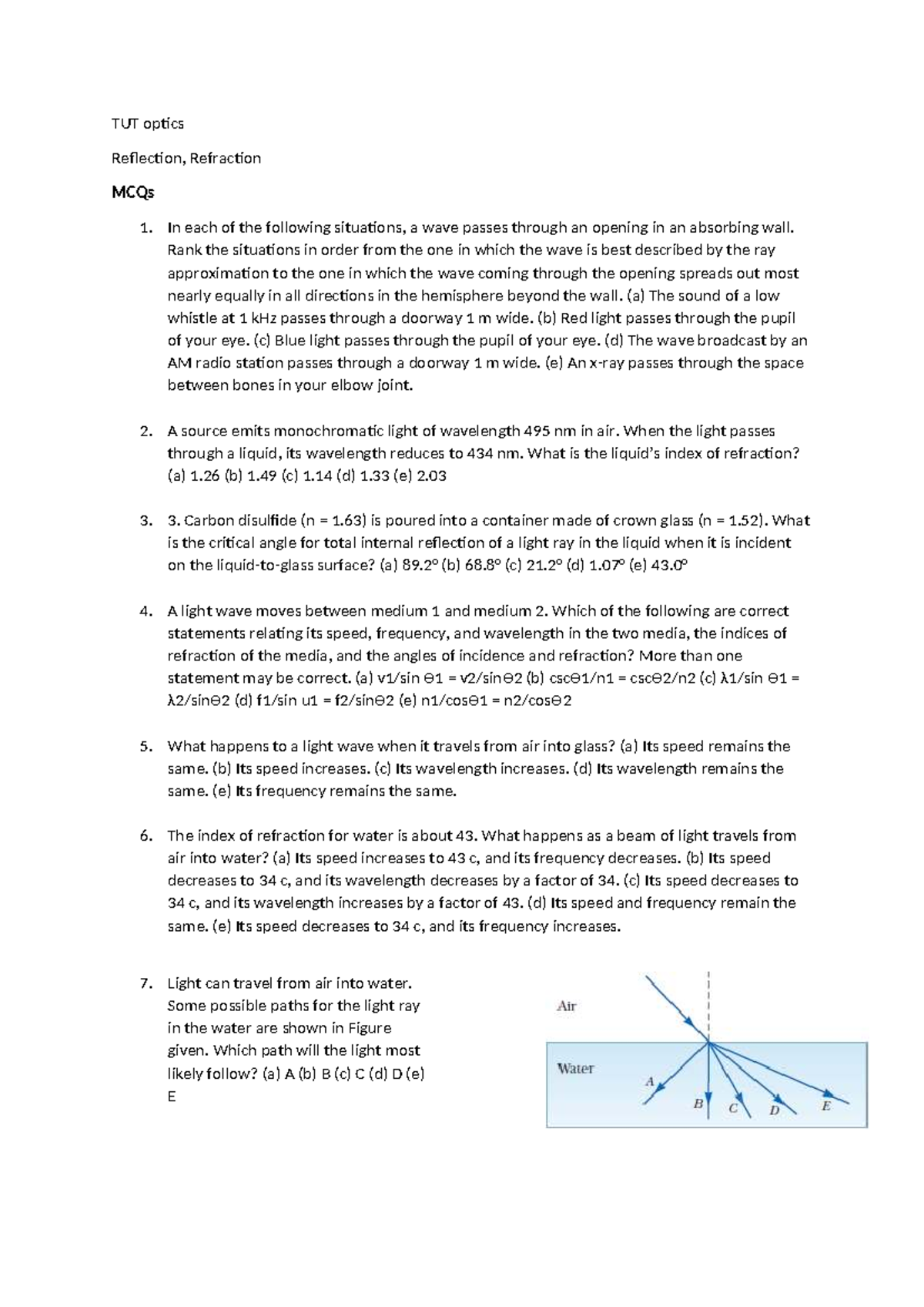 TUT Optics Reflection and Refraction MCQs and Concepts - Studocu
