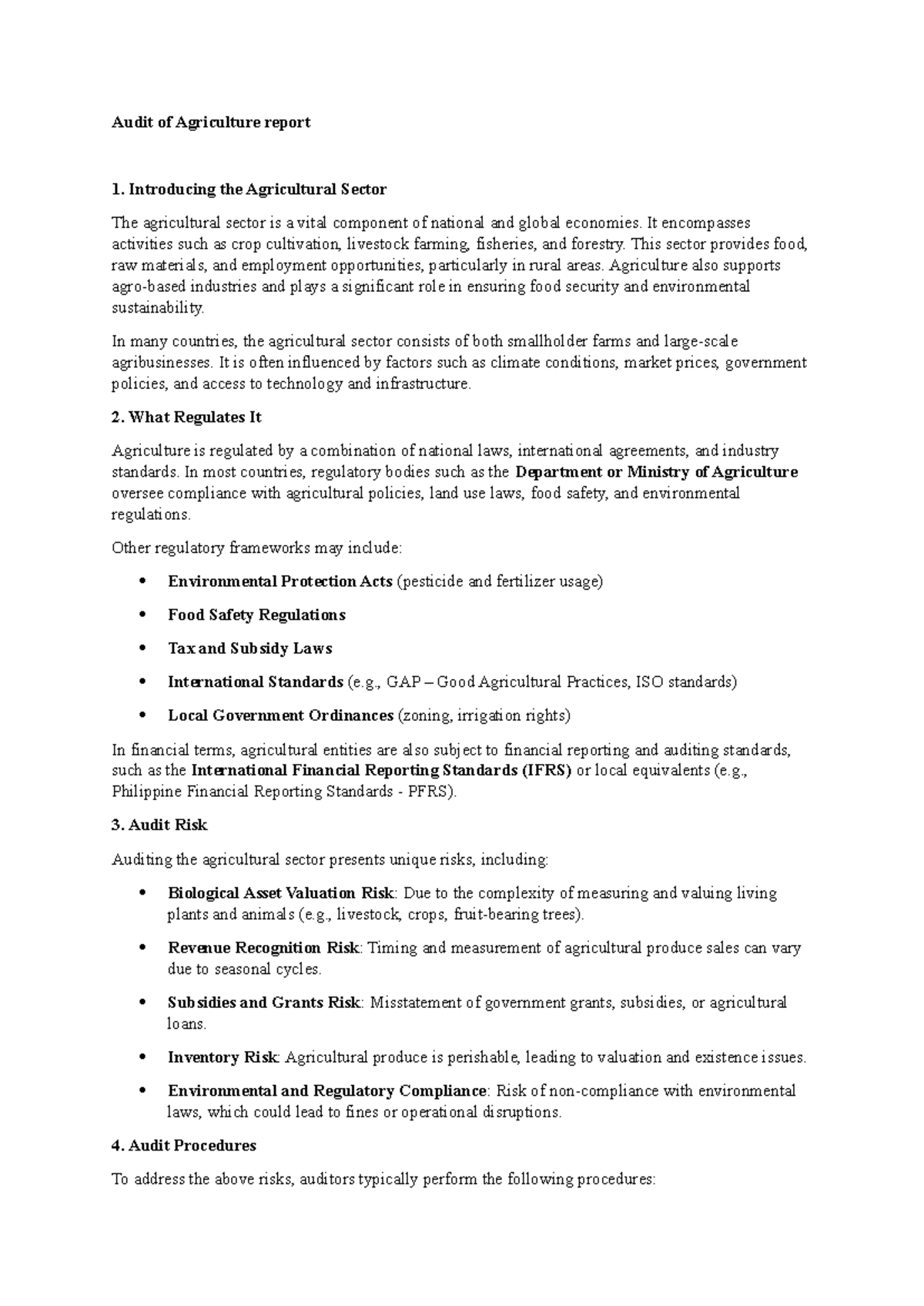 Audit of Agriculture Report 1: Overview & Risk Assessment - Studocu