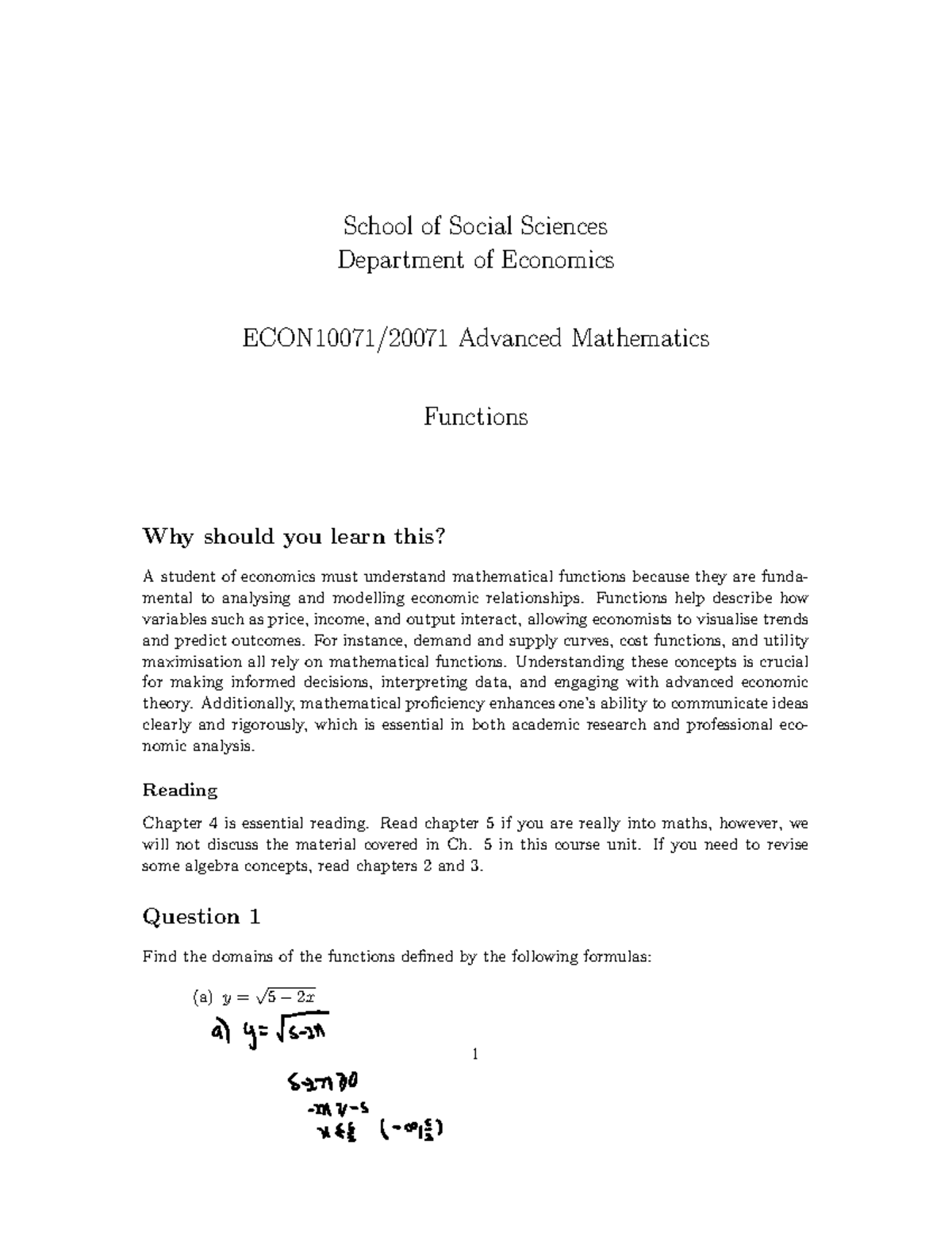 ECON10071/20071 Advanced Mathematics 2023-24: Functions Overview - Studocu