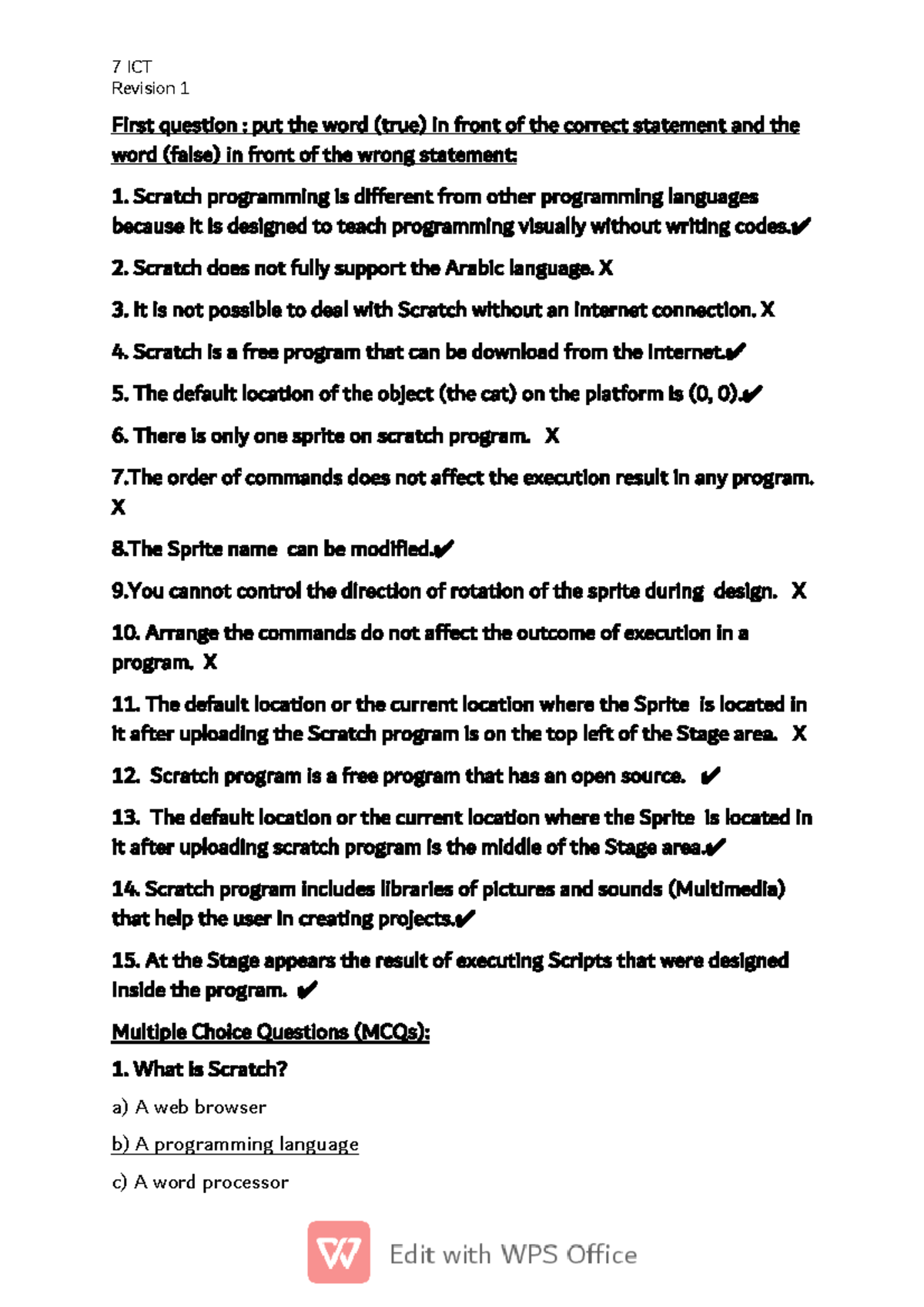 7 ICT Revision 1: True/False & MCQs on Scratch Programming - Studocu