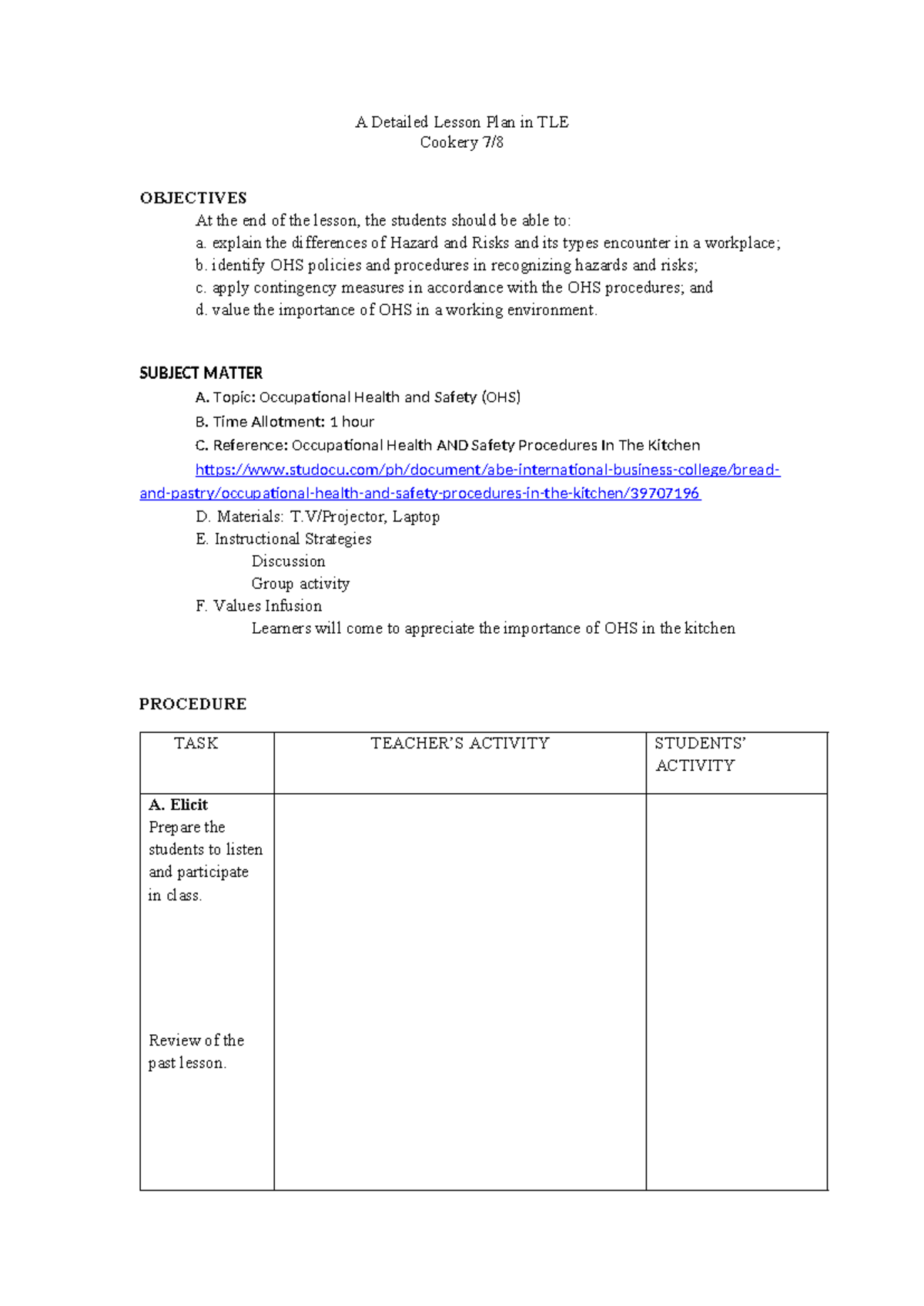 Lesson Plan 7E: OHS in TLE Cookery - Objectives & Activities - Studocu