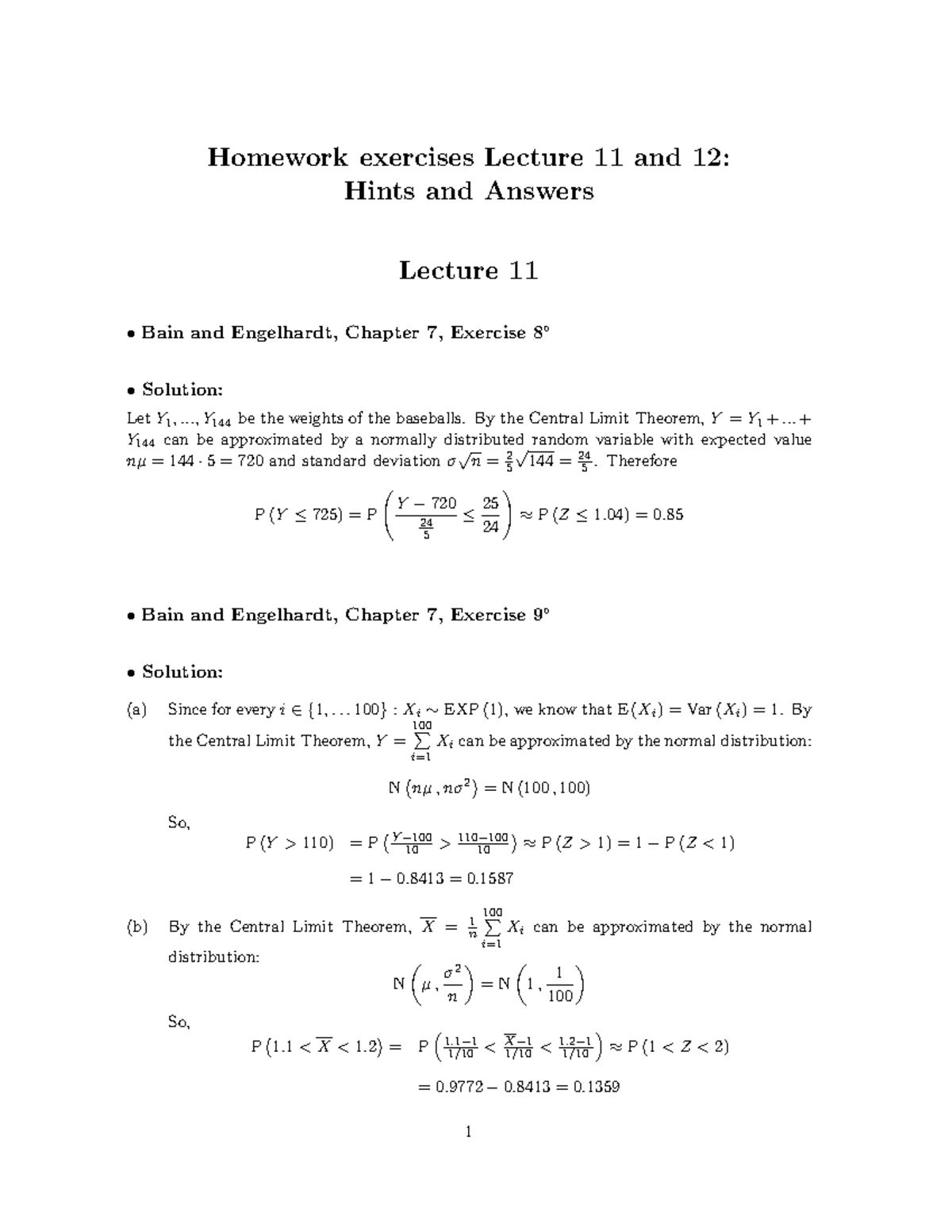 Homework Solutions for Lectures 11 & 12: Hints and Answers - Studeersnel