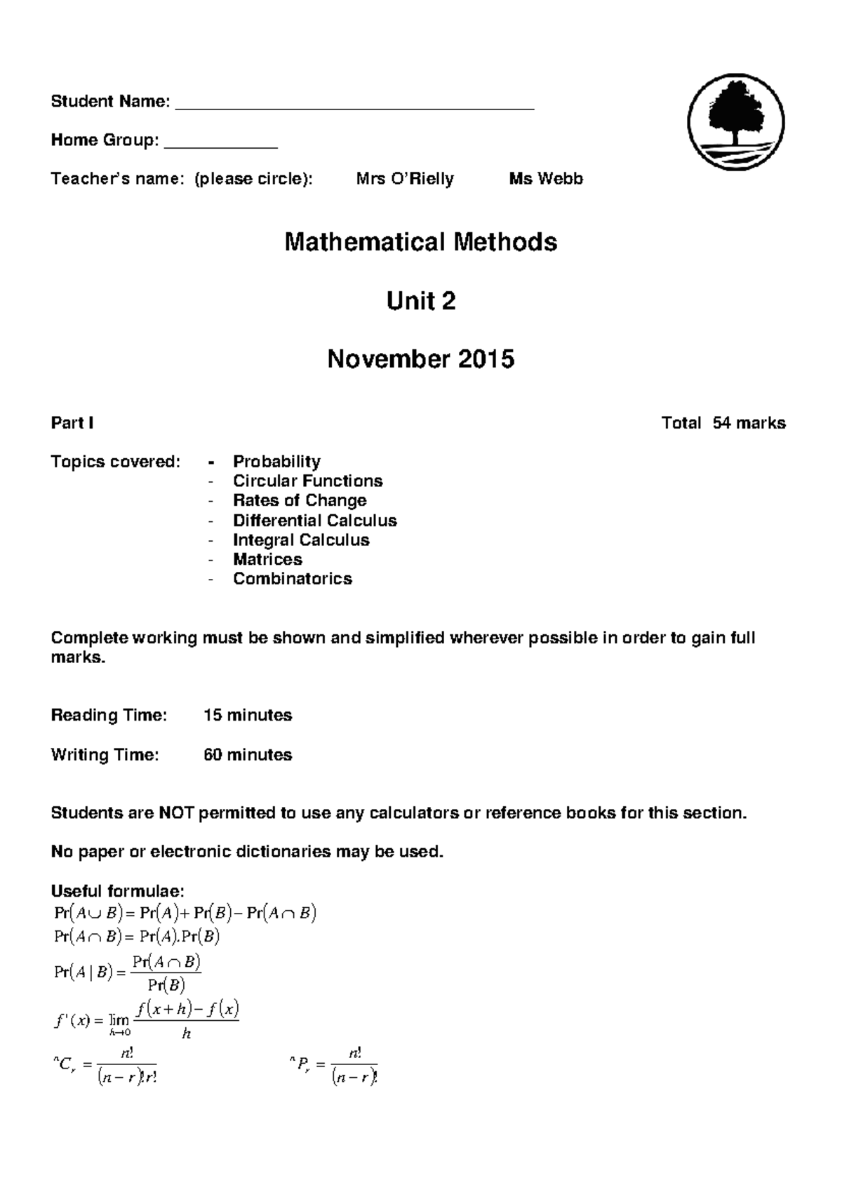 Math Methods Unit 2 Final Exam - November 2015 - Studocu