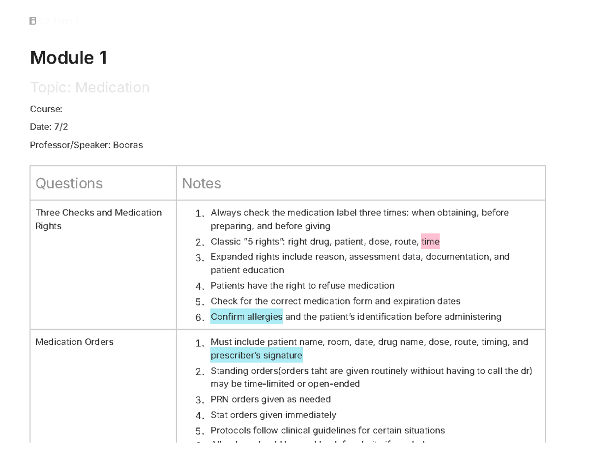 C7 Term 1 Module 1: Medication Administration Guidelines - Studocu