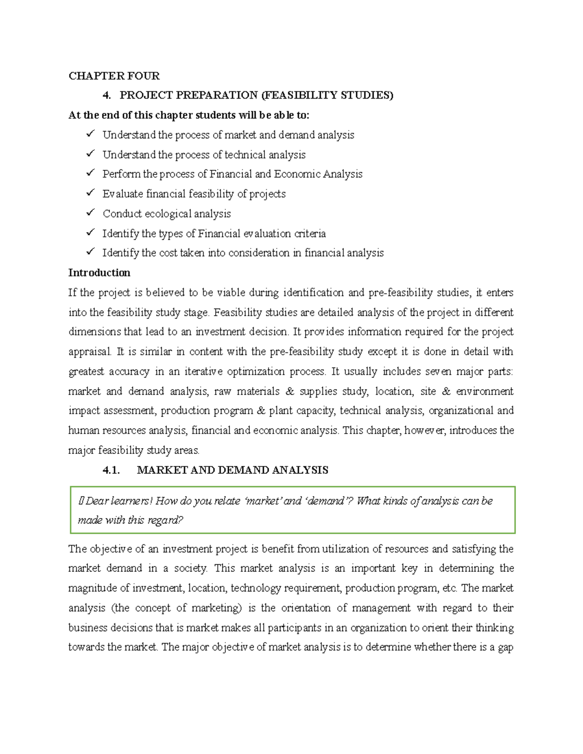 Project Chapter FOUR - CHAPTER FOUR 4. PROJECT PREPARATION (FEASIBILITY ...