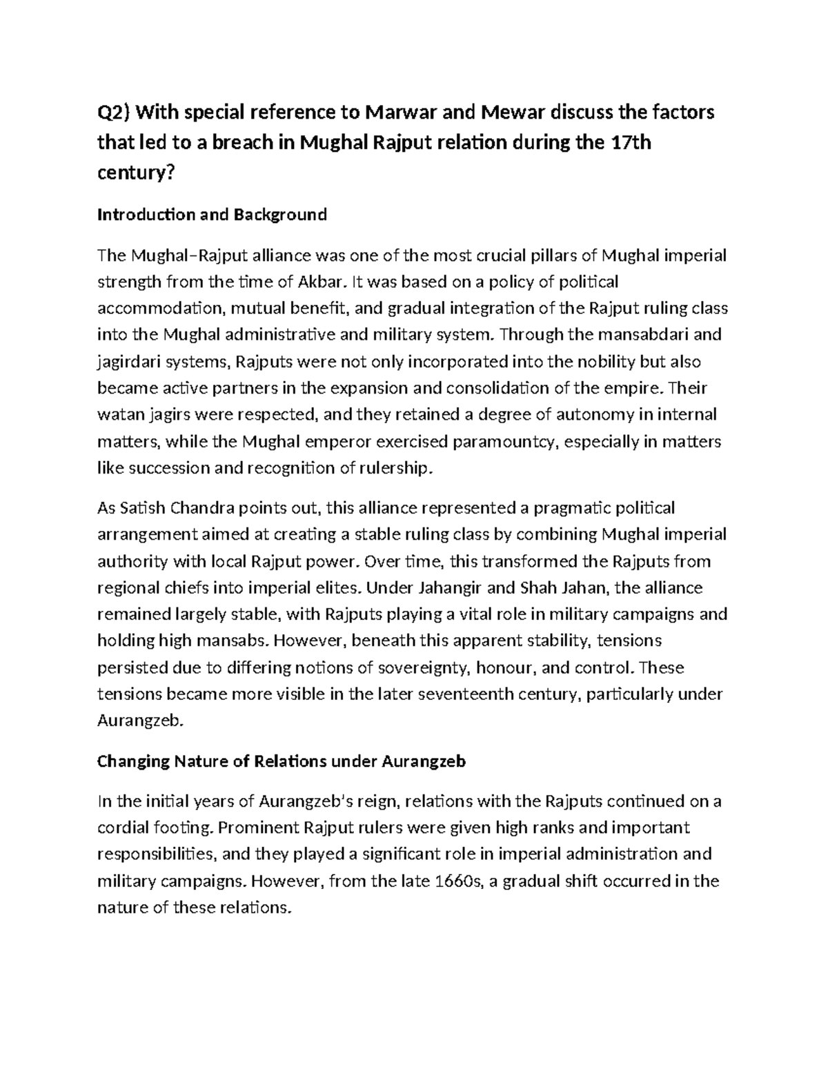 Mughal Rajput Relations: Factors Behind the 17th Century Breach - Document Preview