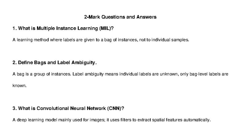 2 Mark Questions and Answers on MIL, CNN, and NLP Concepts - Studocu