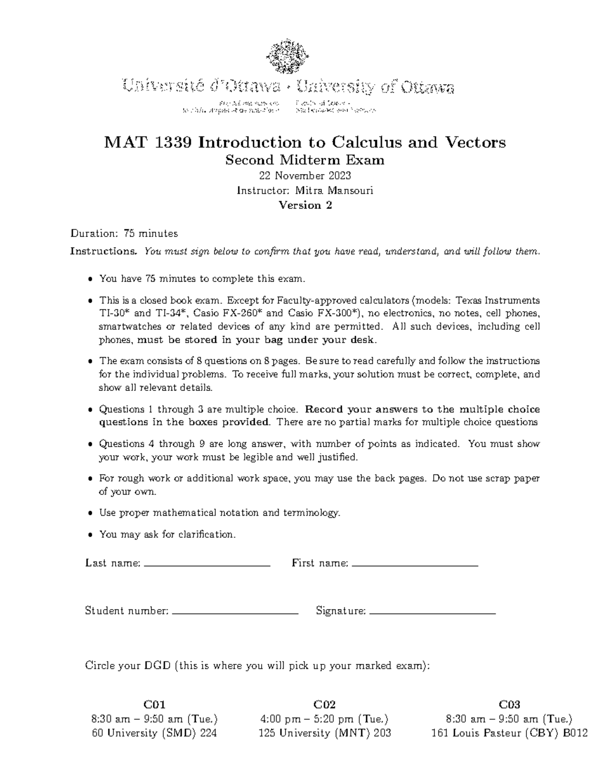 MAT 1339C Calculus & Vectors Midterm 2 Exam - Nov 22, 2023 - Studocu
