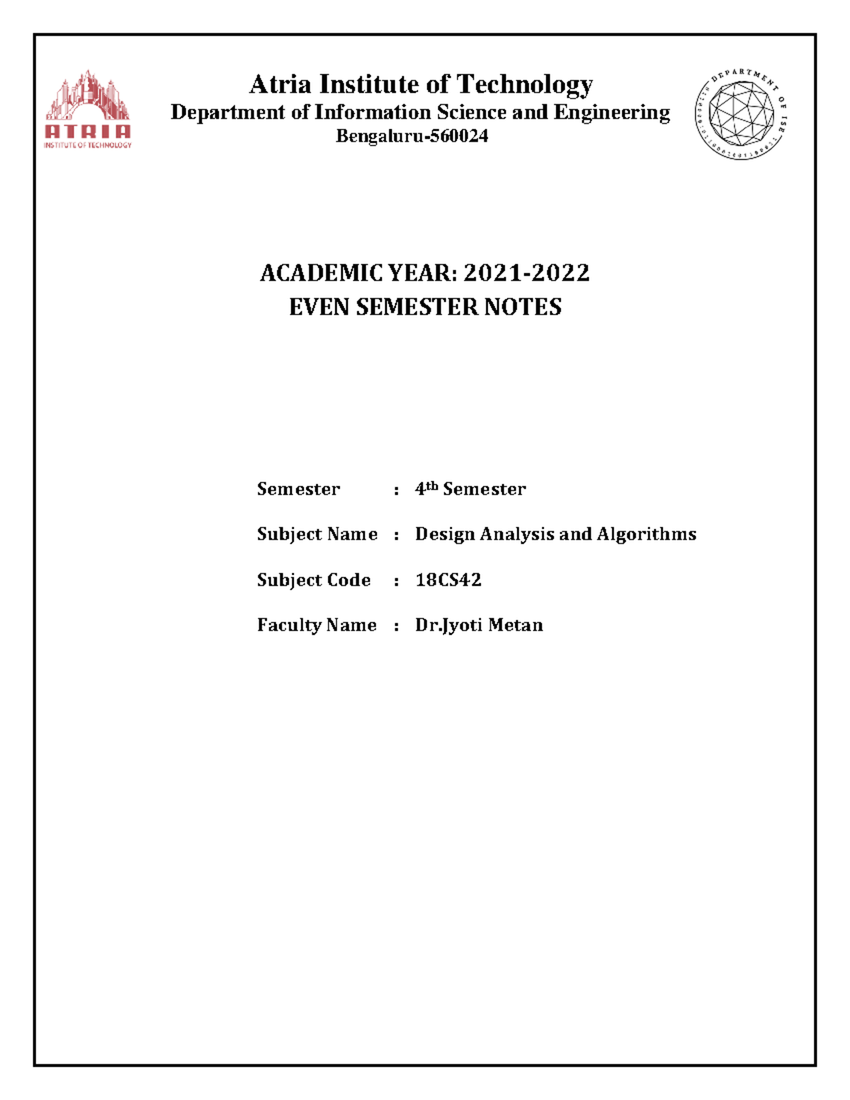 DAA notes 18cs42 - Design and Analysis of Algorithms - Atria Institute ...