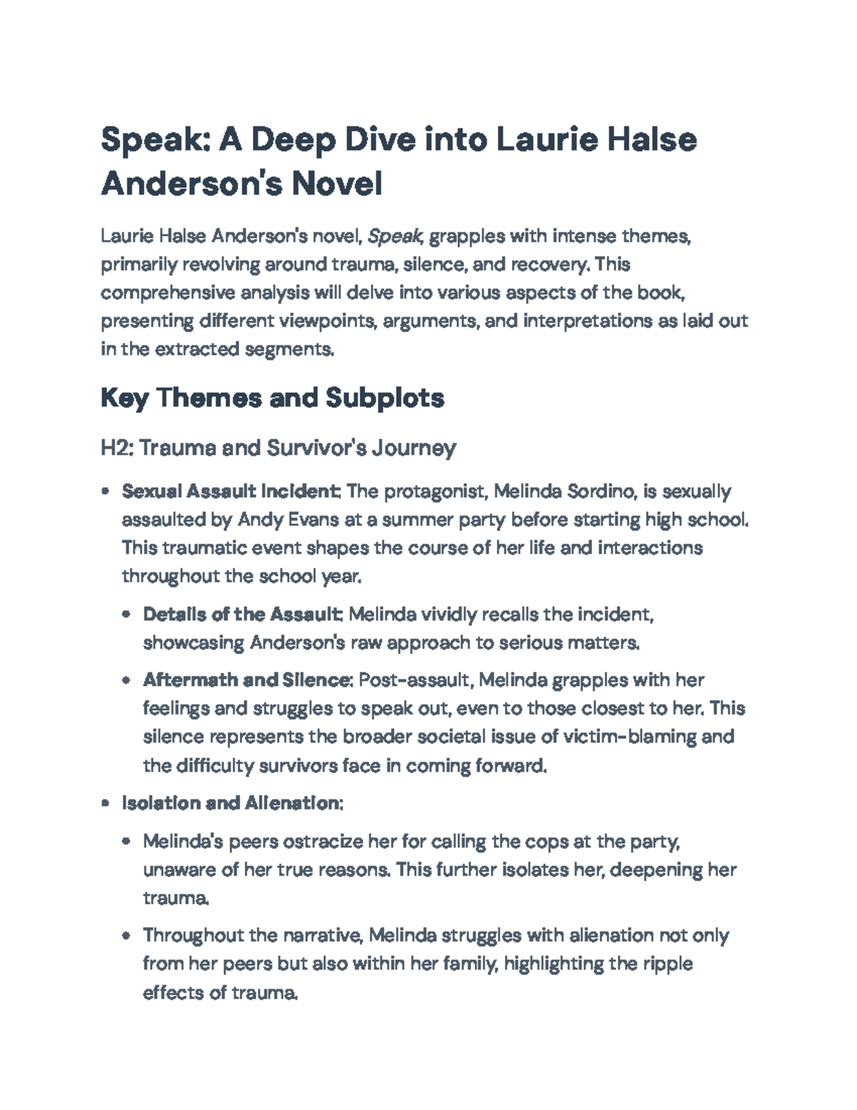 Analysis of Themes and Symbolism in Laurie Halse Anderson's Speak ...