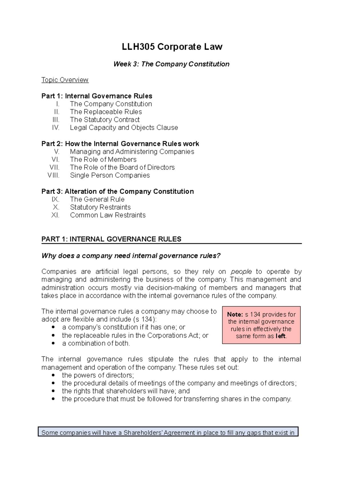 Week 3 Corporate Law - LLH305 Corporate Law Week 3: The Company ...