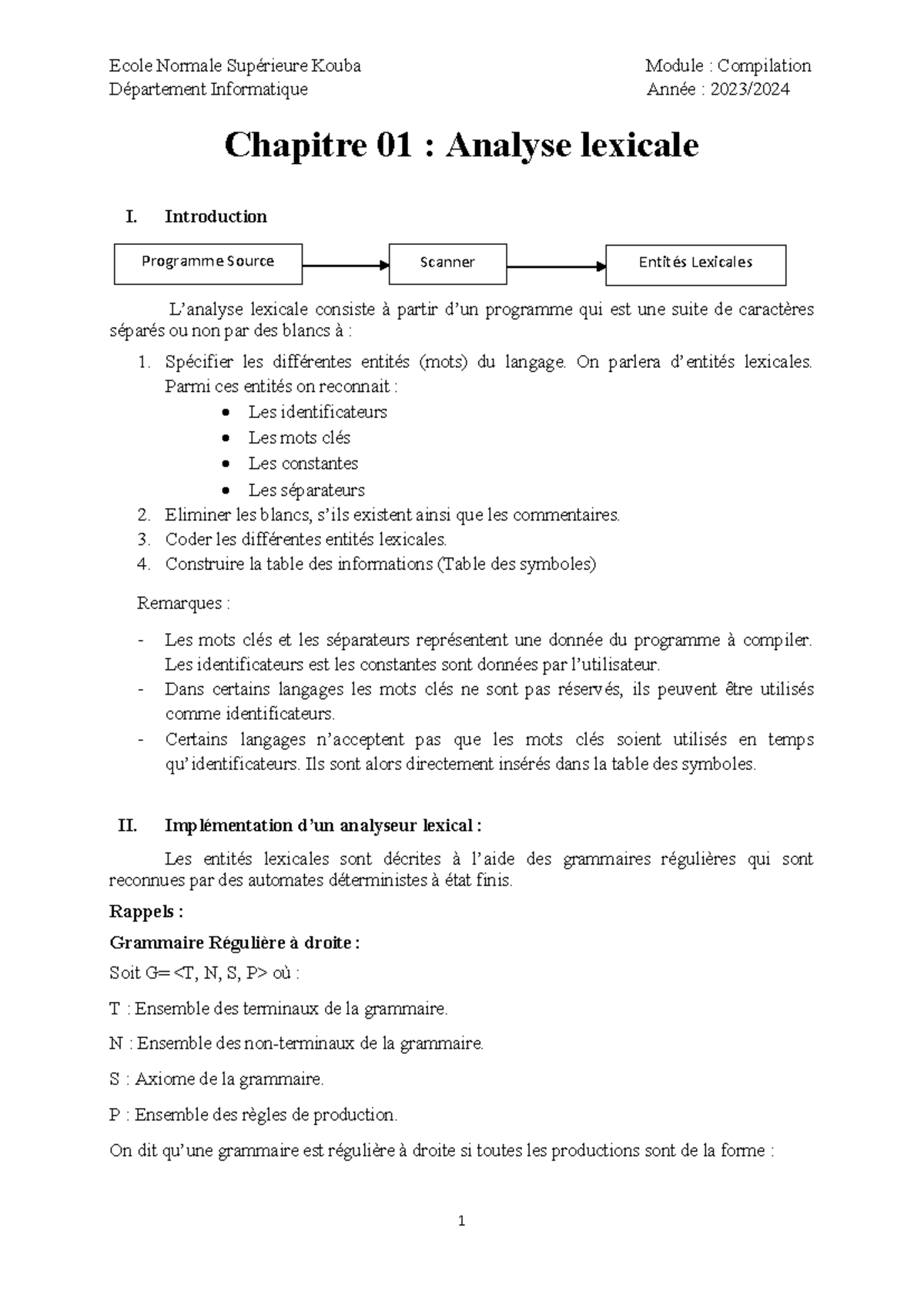 Chapitre 01 : Analyse Lexicale - Département Informatique 2023 - Studocu