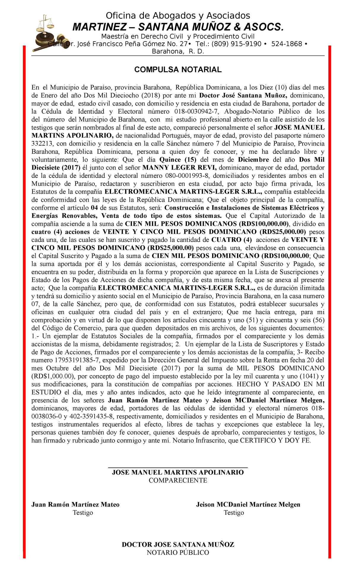 Compulsa Notarial de la Compañía ELECTROMECANICA S.R.L. - Studocu