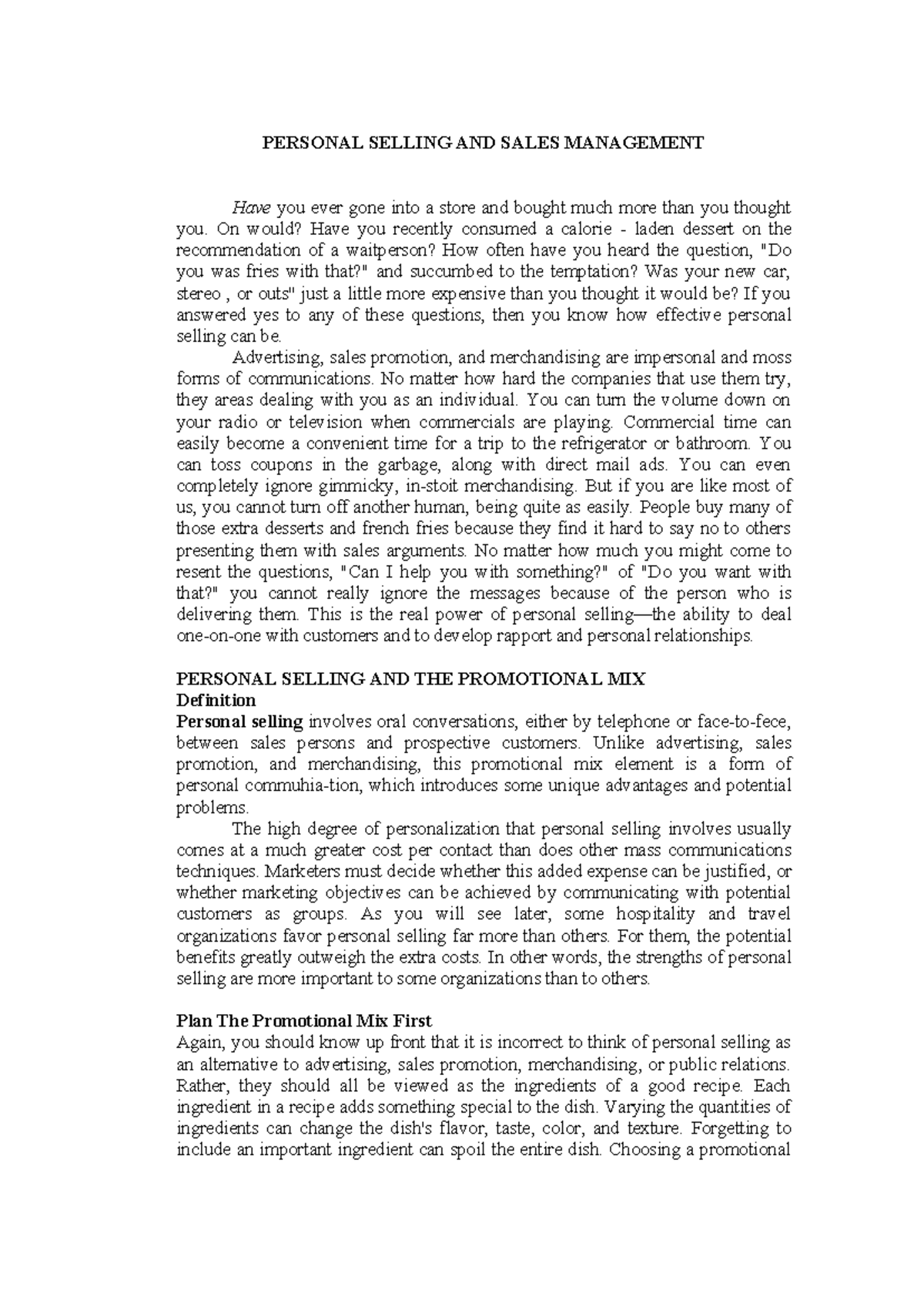 PERSONAL SELLING & SALES MGMT: Strategies & Roles in Hospitality - Studocu