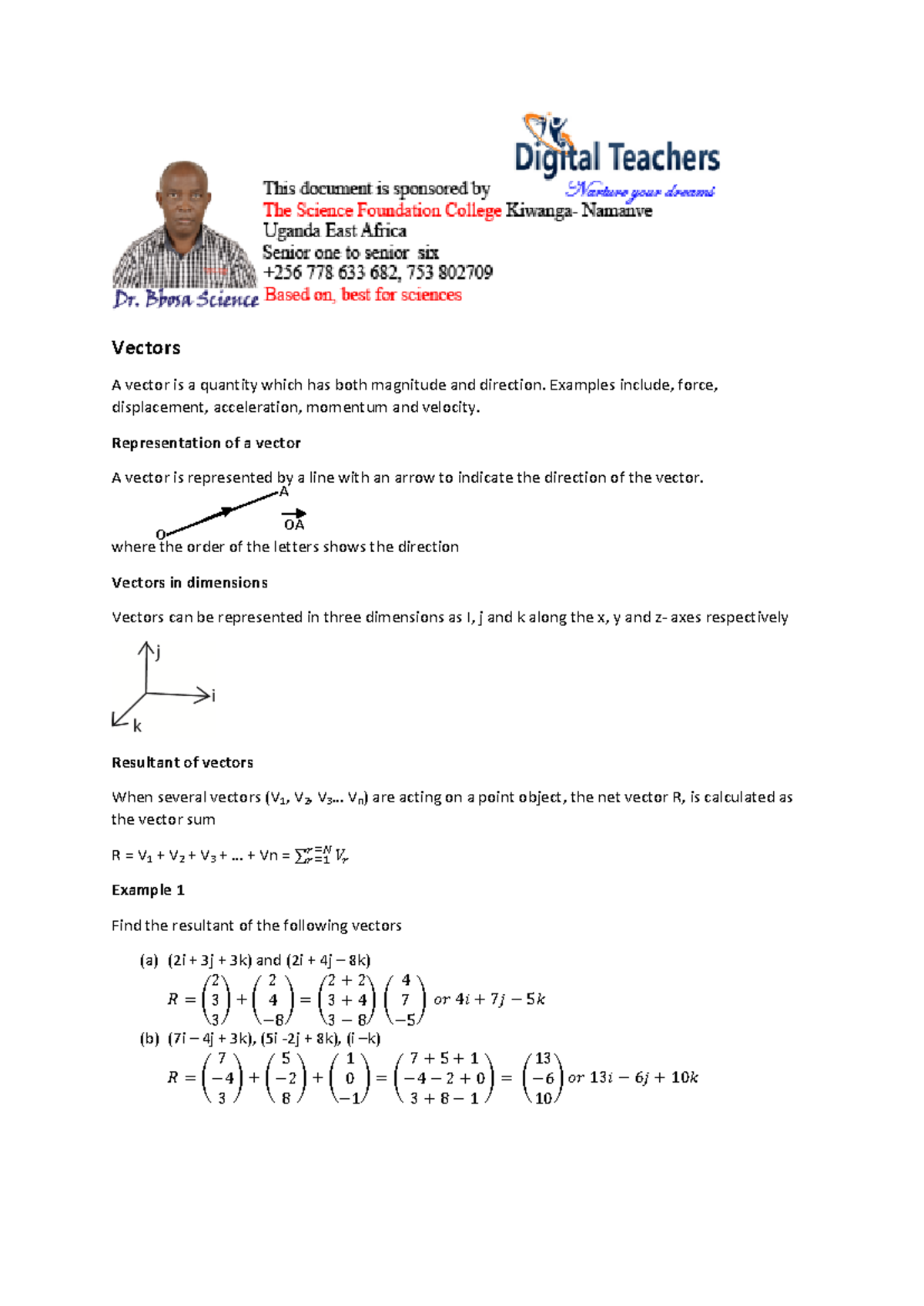 Sub-math-Vectors - Easy - Vectors A vector is a quantity which has both ...