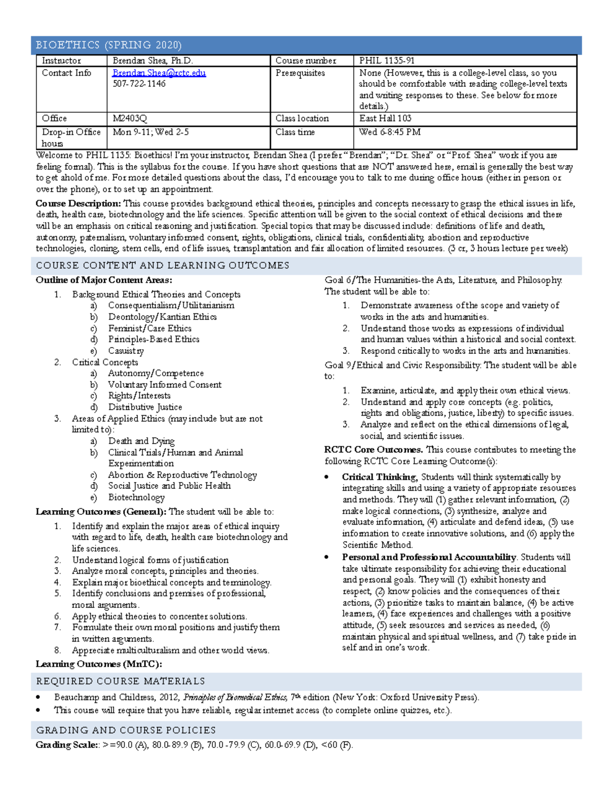 PHIL 1135: Bioethics Spring 2020 Course Syllabus and Requirements - Studocu