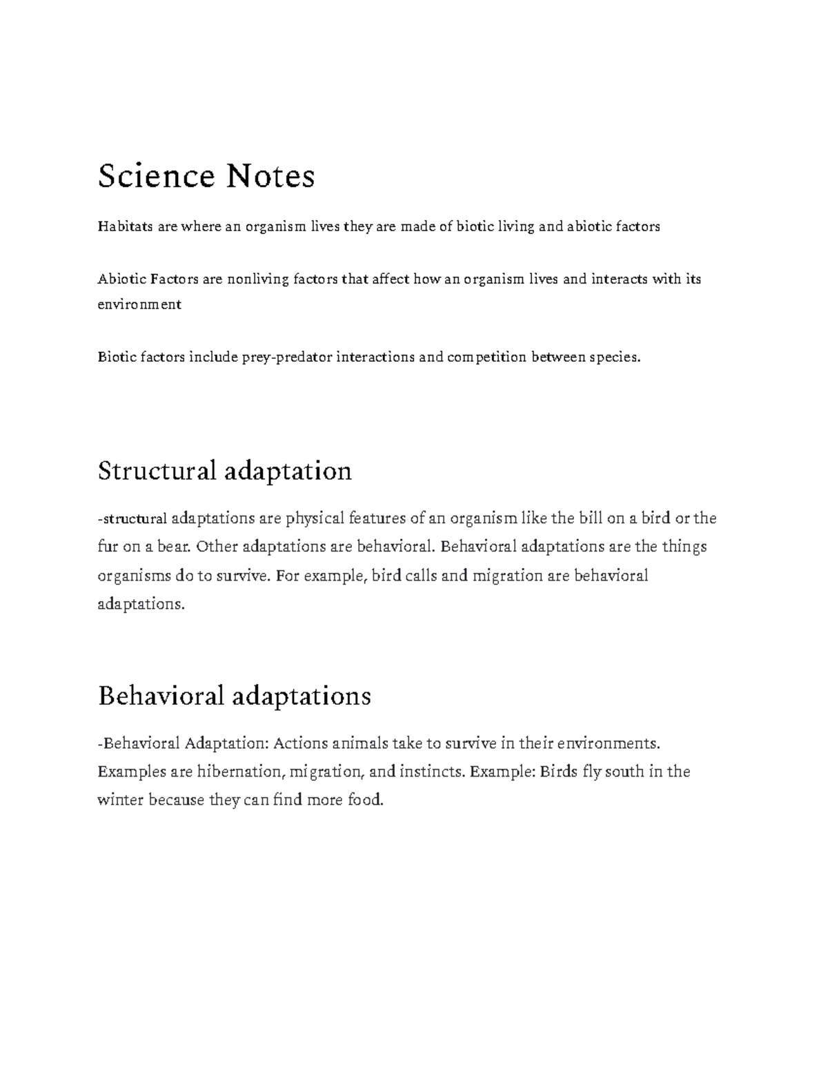 Science Notes: Habitats, Abiotic & Biotic Factors, Adaptations - Studocu