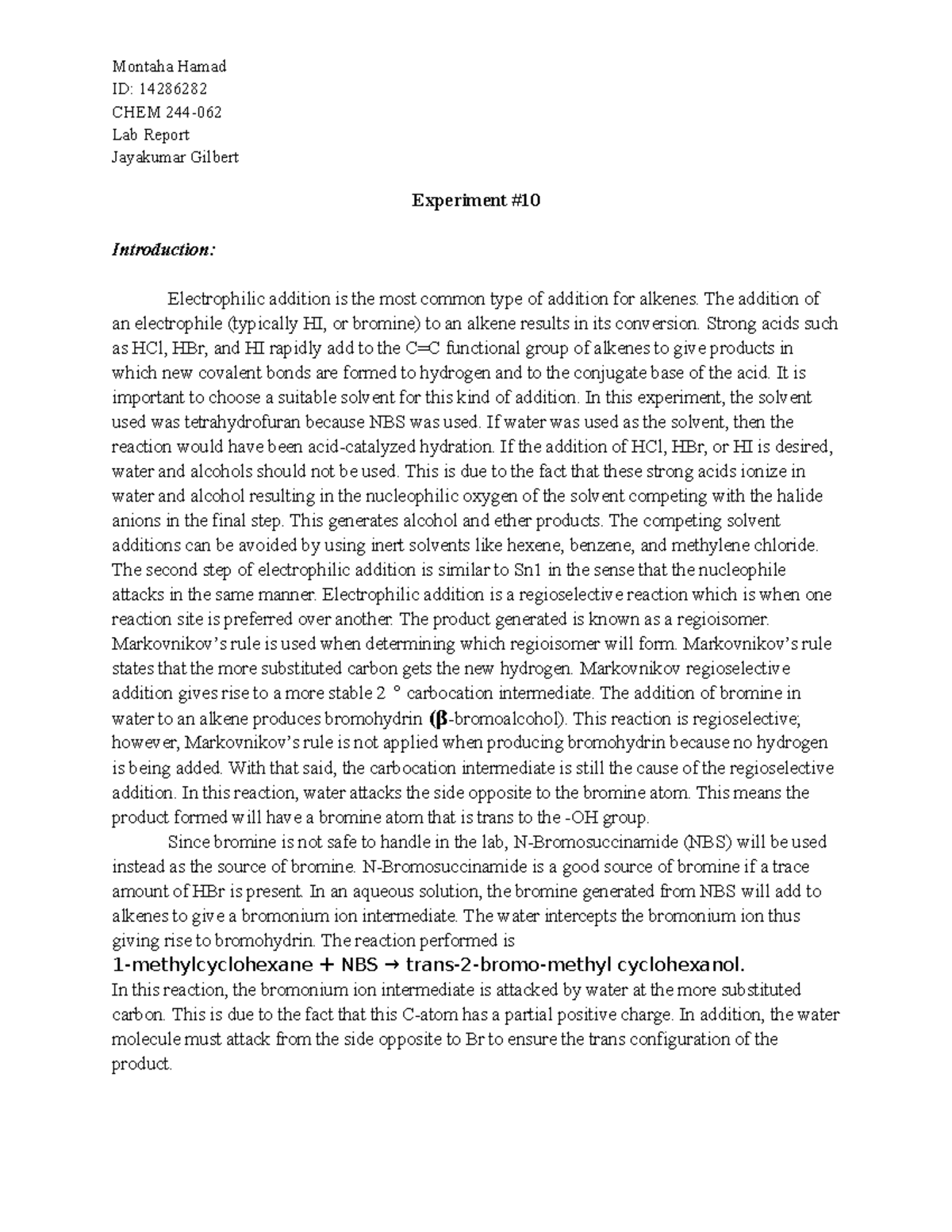 Chem244#10 - Lab Report - Montaha Hamad ID: 14286282 CHEM 244- Lab ...
