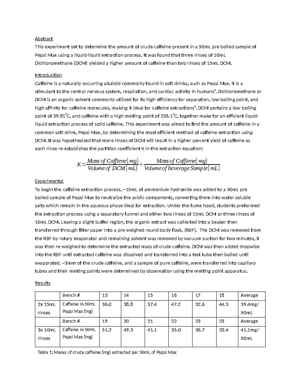 Experiment 10 Report: Caffeine Extraction from Pepsi Max Using DCM ...