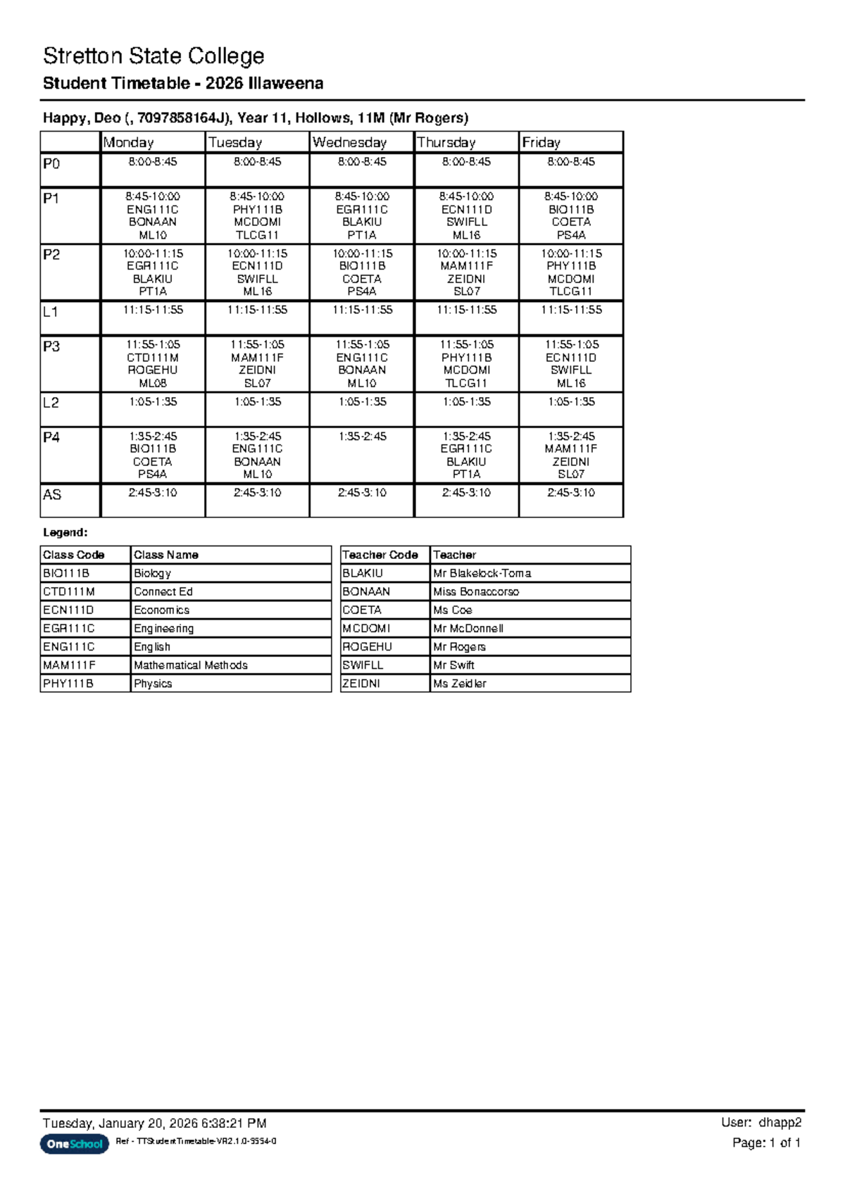 Stretton State College Year 11 Timetable 2026 (7097858164J) - Studocu