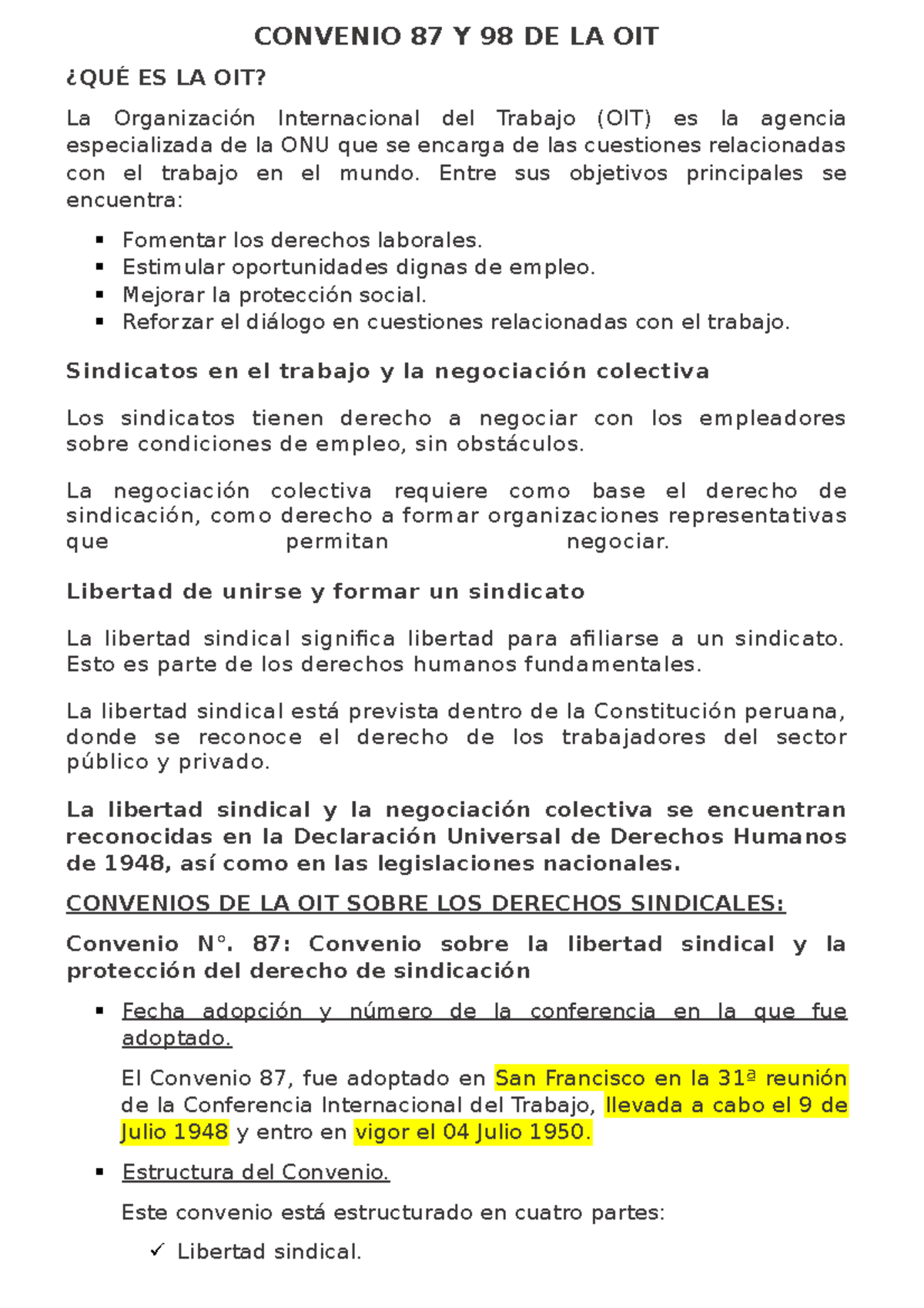 Resumen del Convenio 87 y 98 de la OIT y sus Implicaciones - Studocu