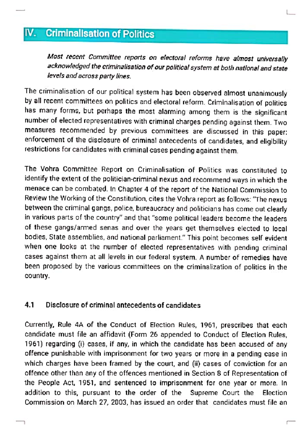 IV. Criminalisation of Politics: Electoral Reforms & Recommendations ...
