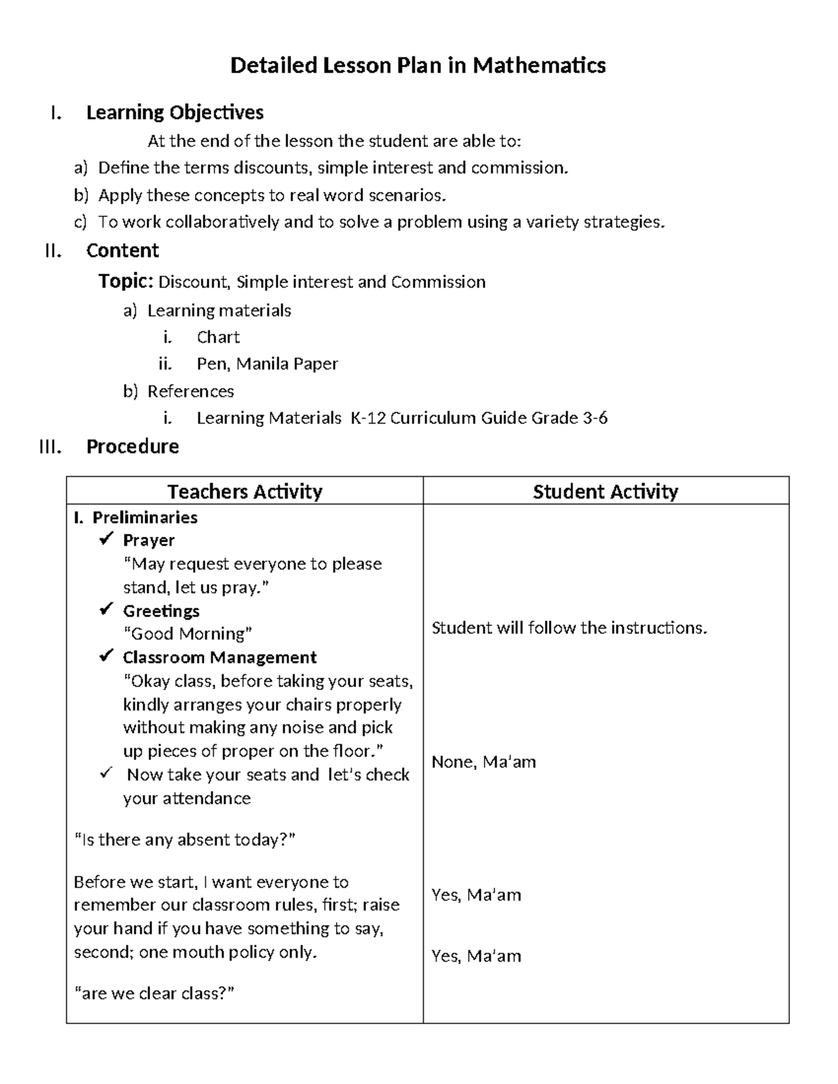 Detailed Lesson Plan for Mathematics: Discounts, Interest & Commission ...