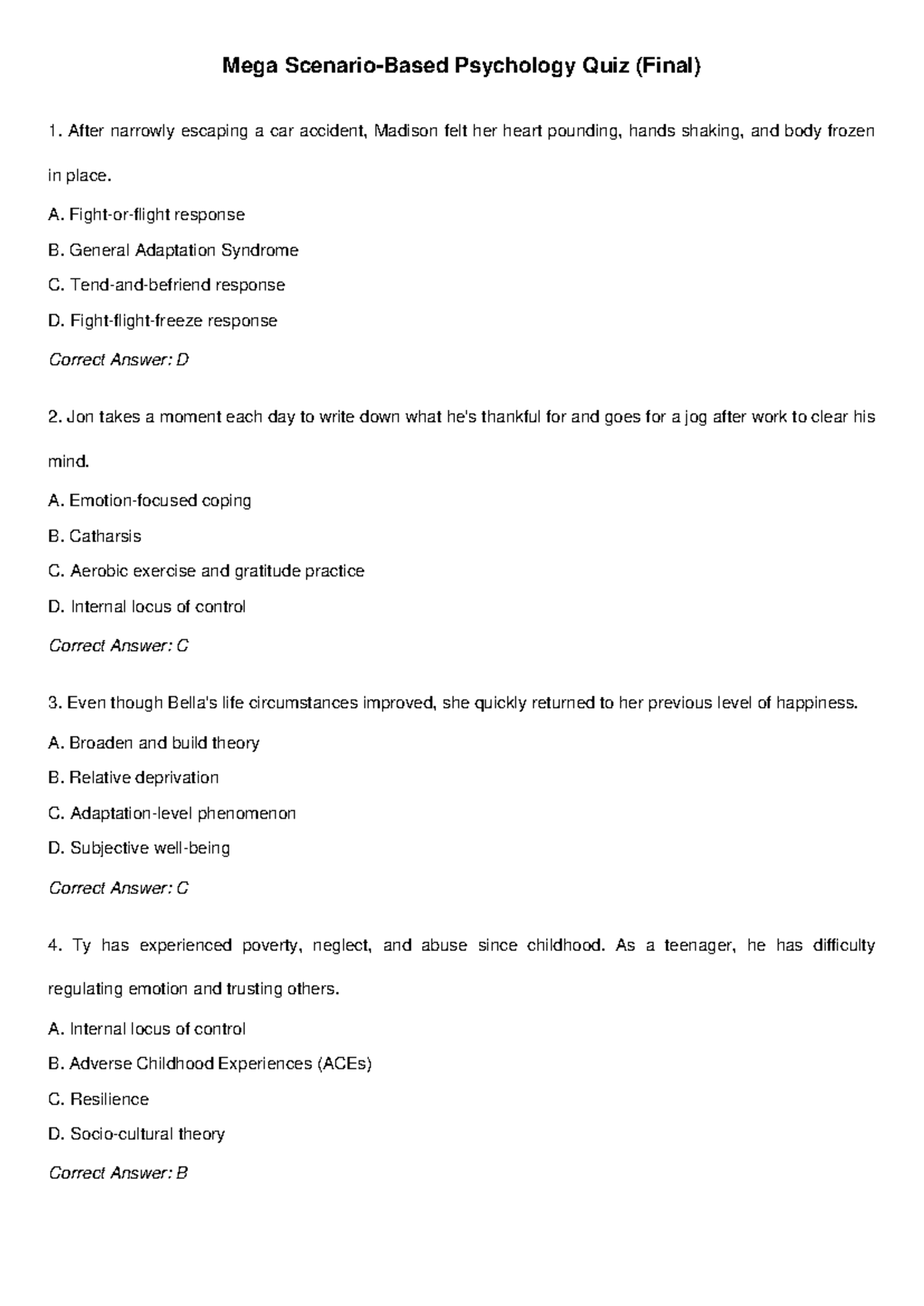 Psychology Quiz (Final) - Practice Questions and Answers - Studocu