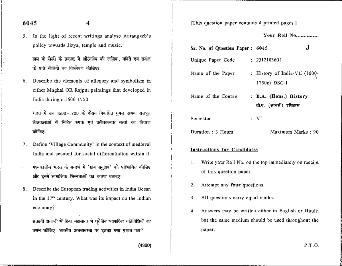 6045 - B.A. (Hons.) History VI Sem Exam Questions & Analysis - Studocu