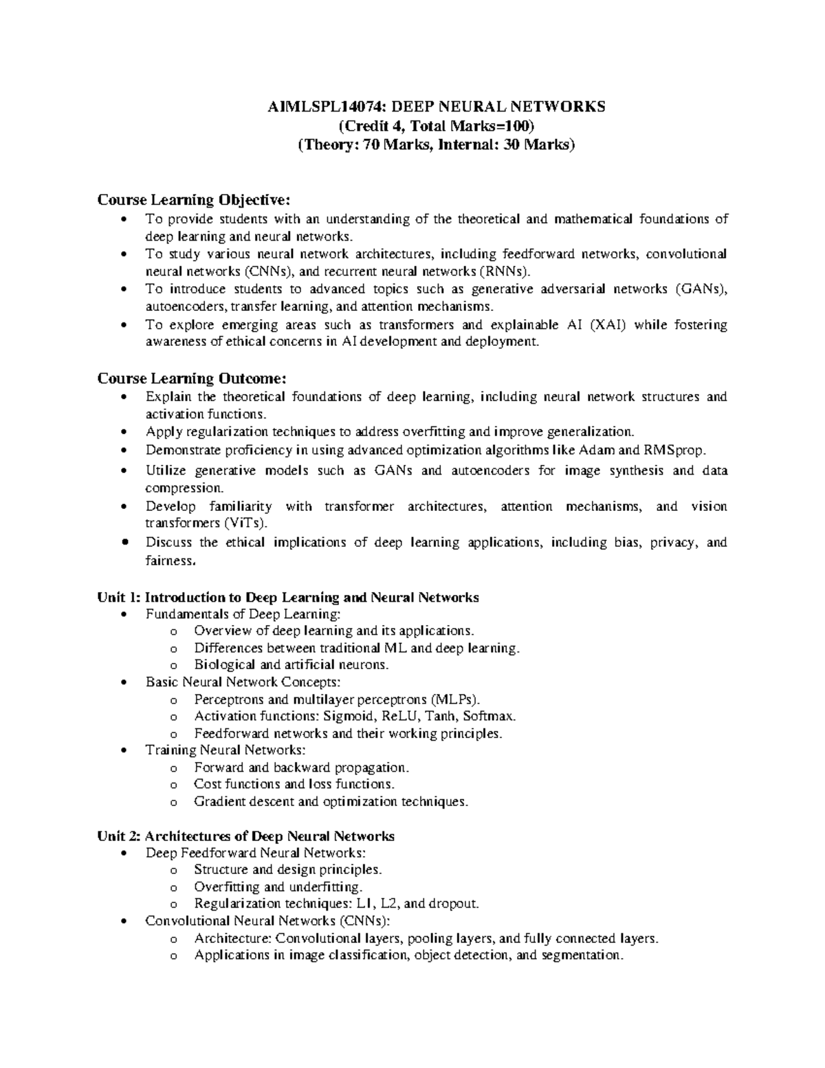 AIMLSPL14074: Deep Learning Syllabus Overview and Key Concepts - Studocu