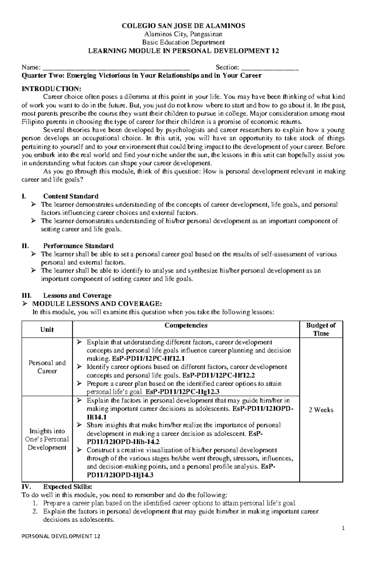 Personal Development 12 Module 4 - 1 COLEGIO SAN JOSE DE ALAMINOS ...