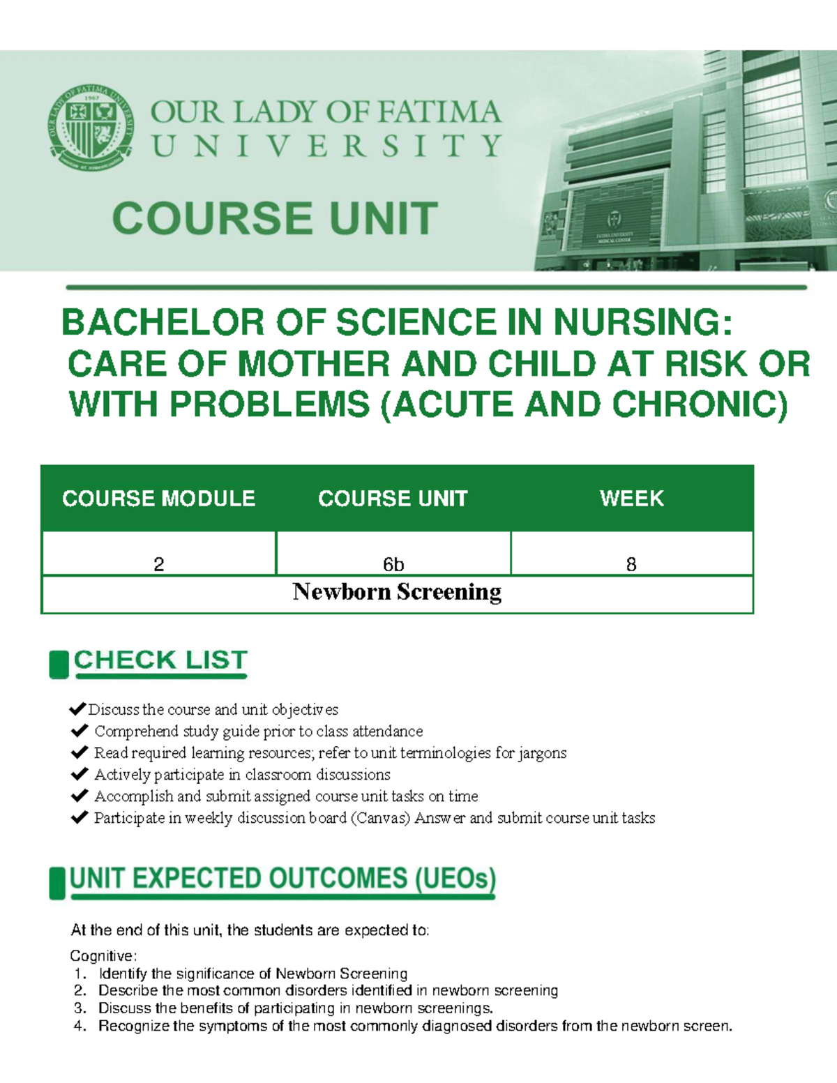 Newborn Screening and Nursing Care: BSN Course Module W2 6b 8 - Studocu