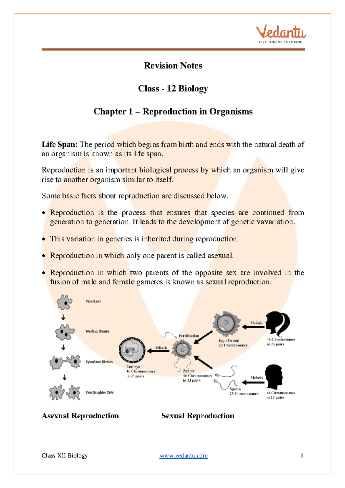 Class 12 Biology Ch 1 Revision Notes on Reproduction in Organisms - Studocu
