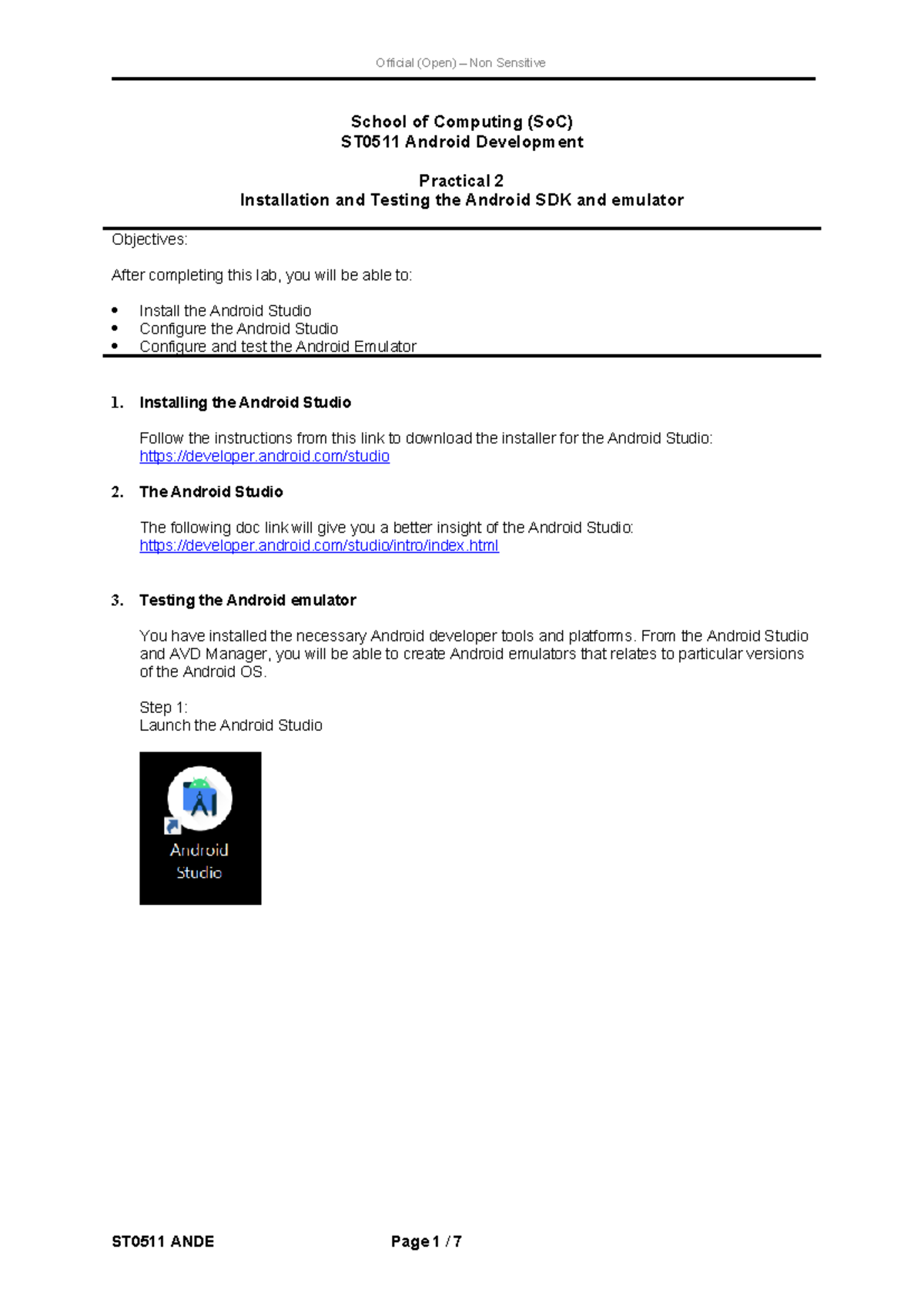 ST0511 ANDE Practical 2: Android Studio Installation & Emulator Setup ...