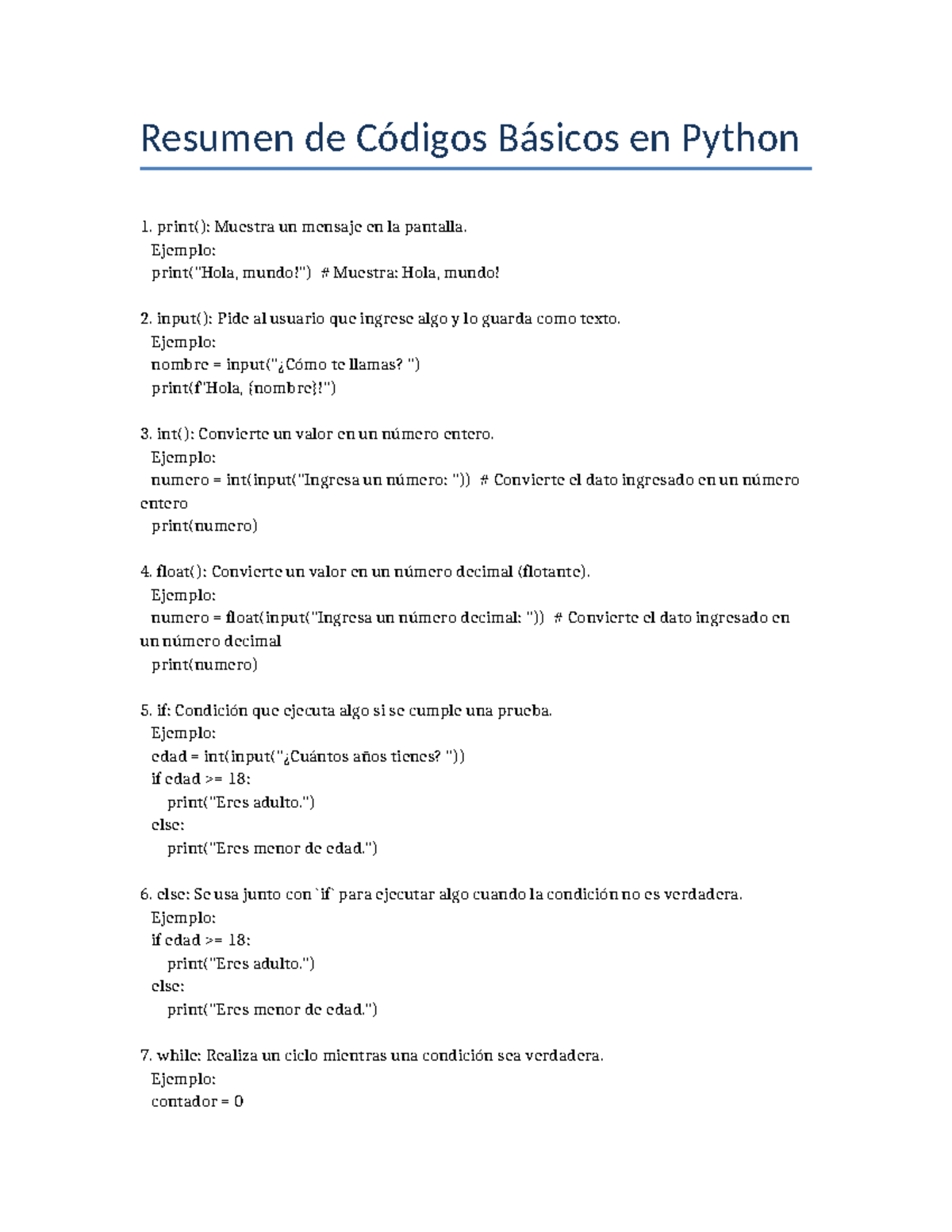 Resumen codigo basico python actualizado - Resumen de Códigos Básicos ...