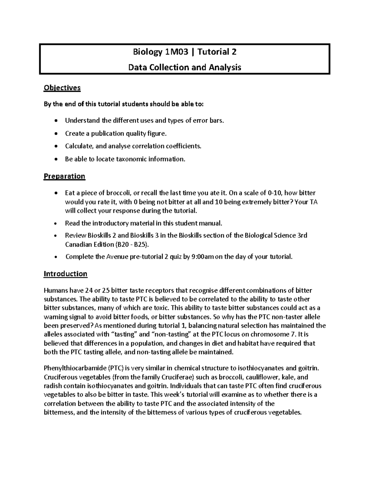 Biology 1M03: Tutorial 2 - Data Collection & Analysis Guide - Studocu