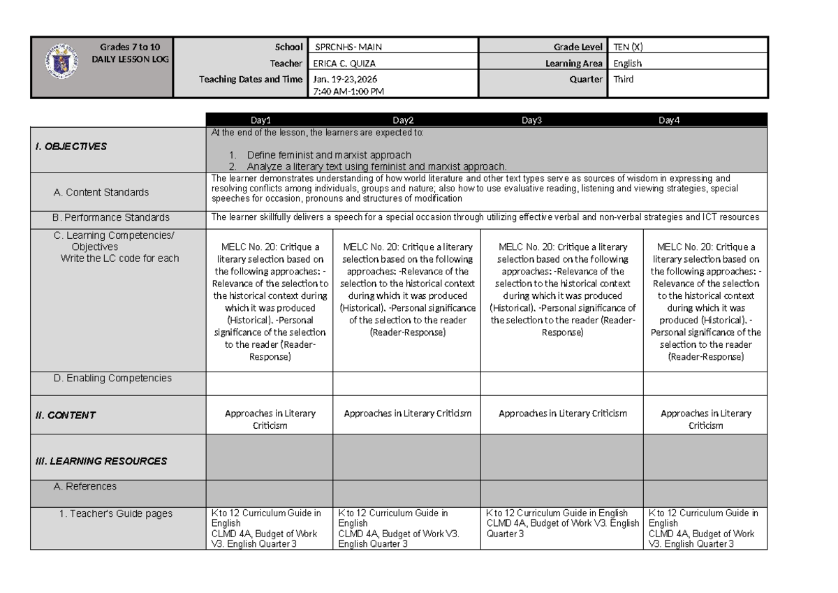 Melc 20: Daily Lesson Log for English 10 - Literary Approaches - Studocu