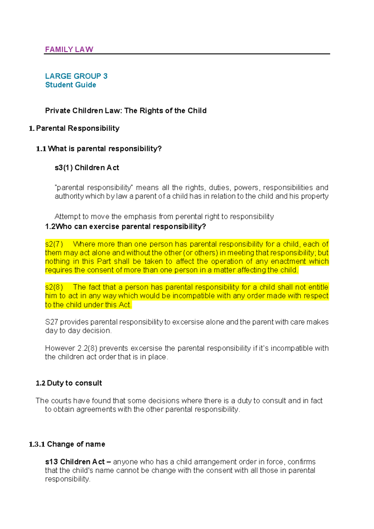 Family Law - Unit 3 - Detailed Lecture Notes on Private Children Law ...