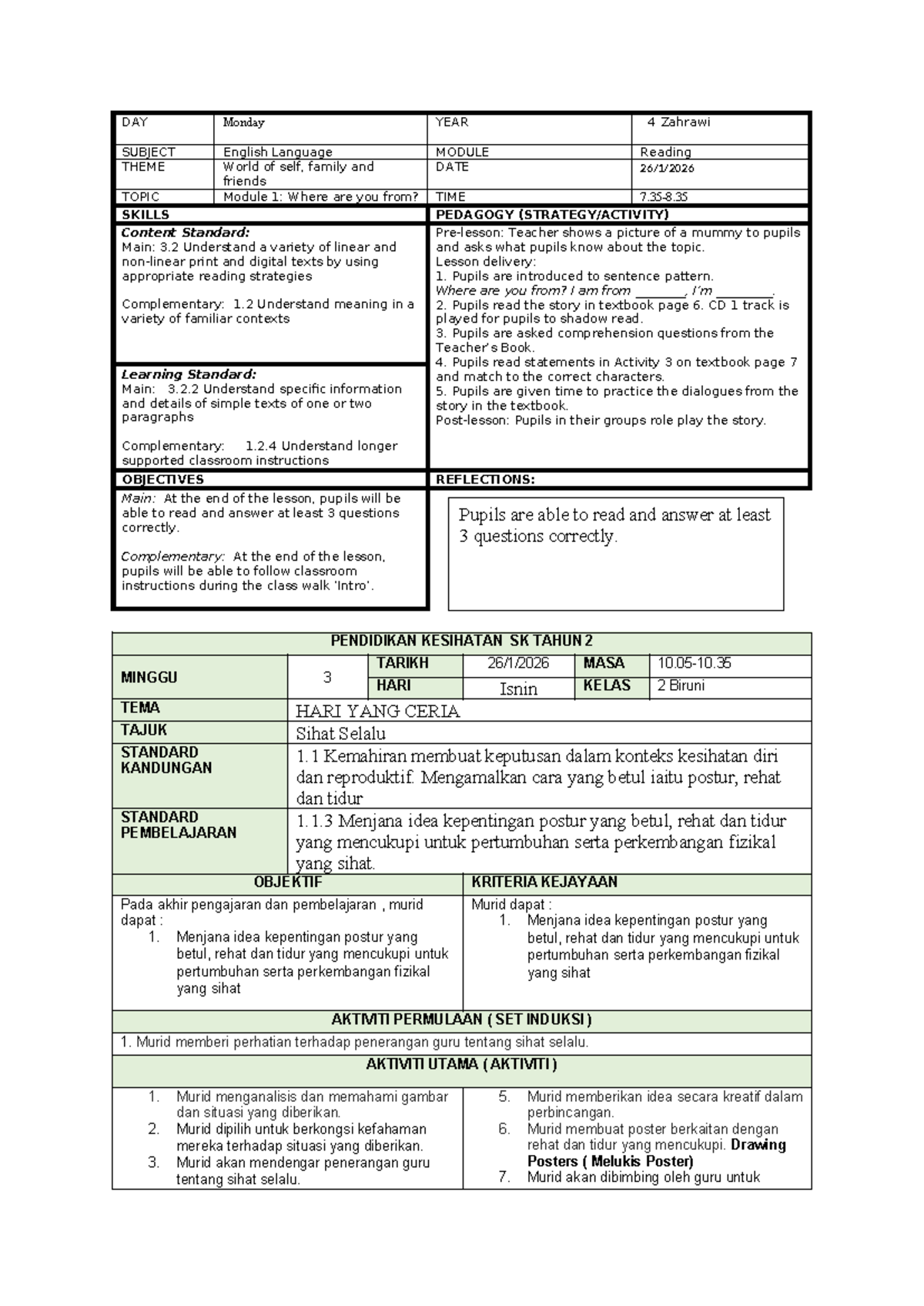Minggu 3 2026: RPH Ringkas Bahasa Inggeris - Dunia Diri, Keluarga ...