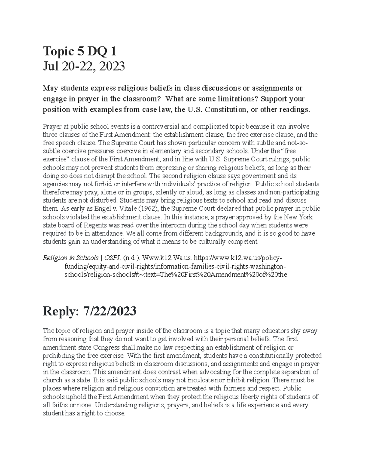 Topic 5 DQ 1 - Exploring Student Religious Expressions in Class - Studocu