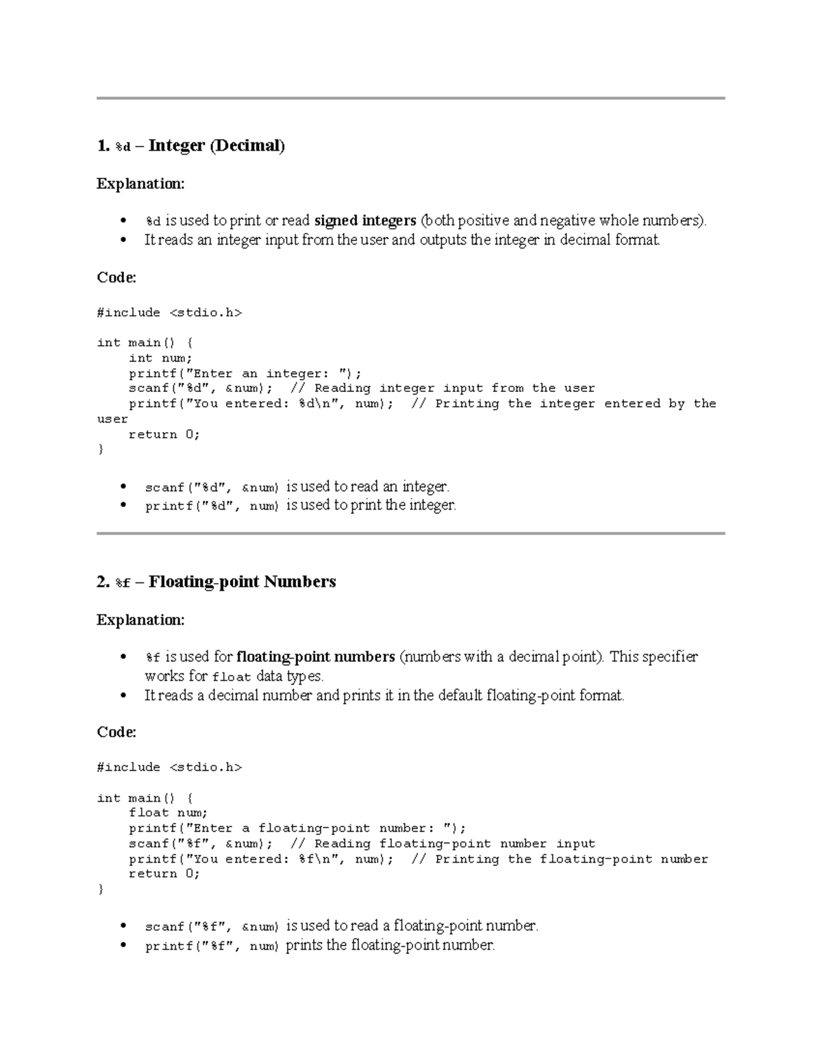 C Programming: Format Specifier Programs Overview and Examples - Studocu