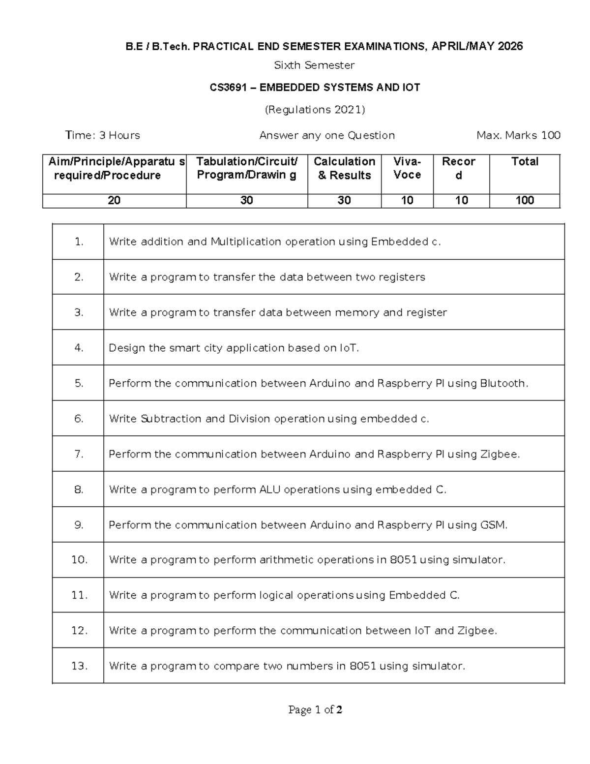 CS3691 Sixth Sem. Embedded Systems & IoT Practical Exam Questions - Studocu