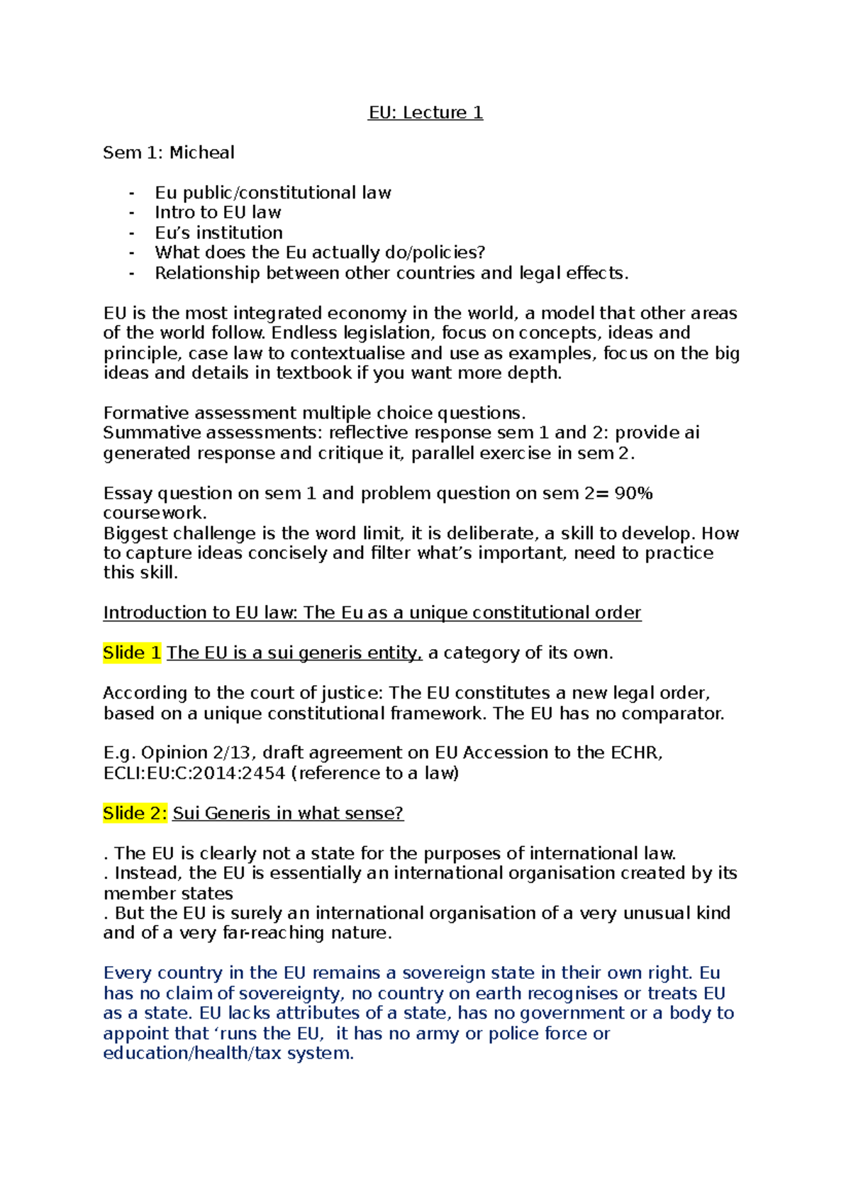 EU: Lecture 1 Sem 1 - Introduction to EU Law and Institutions - Studocu
