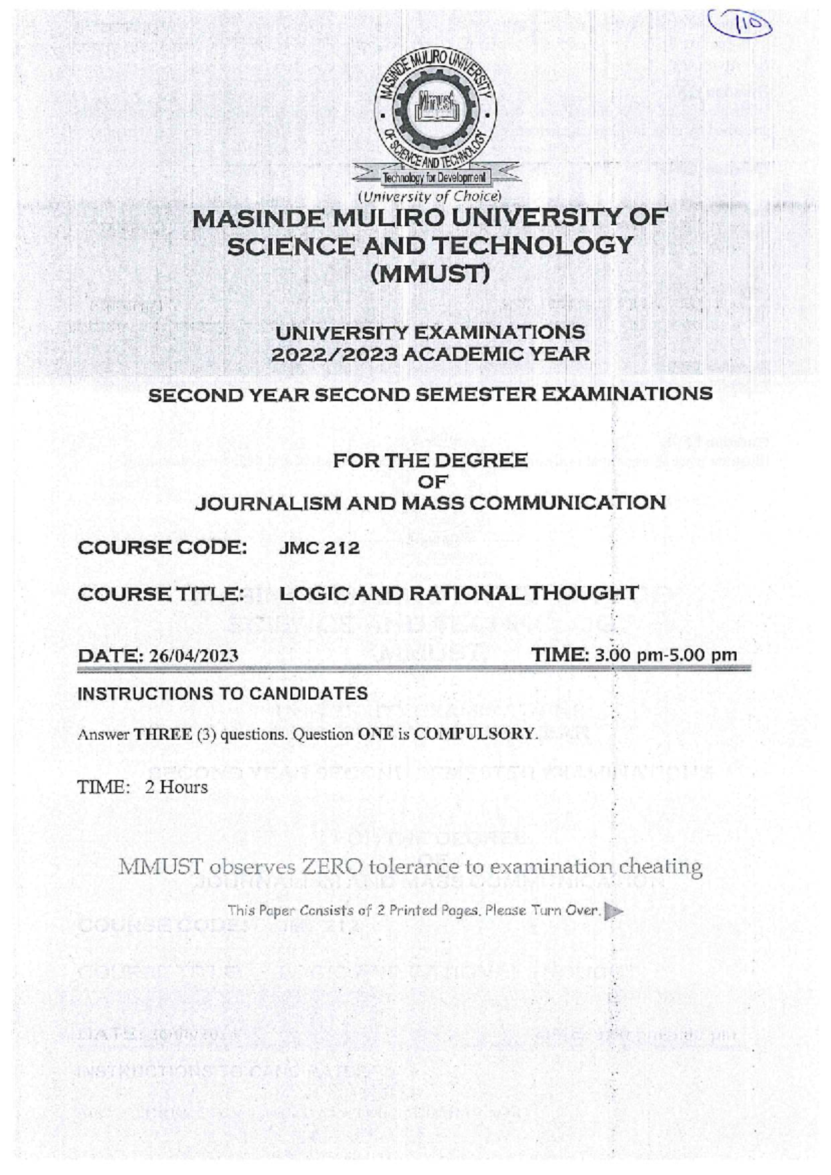 JMC 212 - Exam Questions for Logic and Rational Thought - Studocu