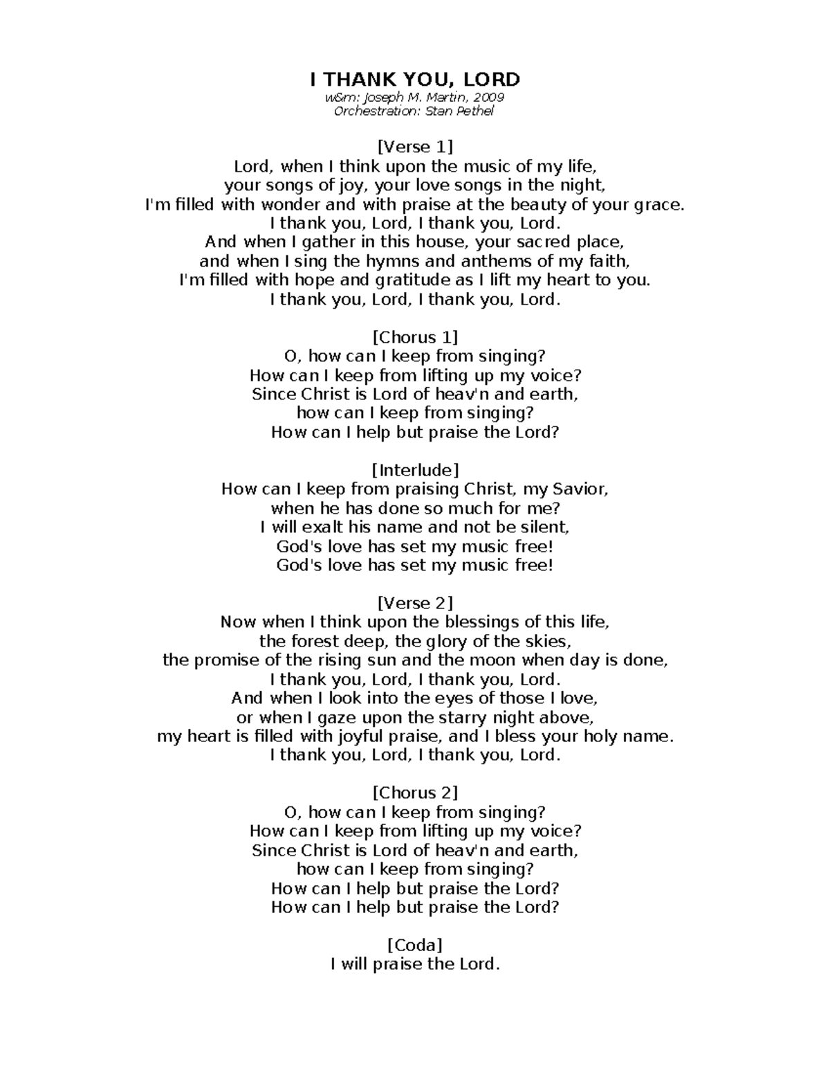 I Thank You, Lord - Joseph M. Martin (2009) - Song Analysis - Studocu