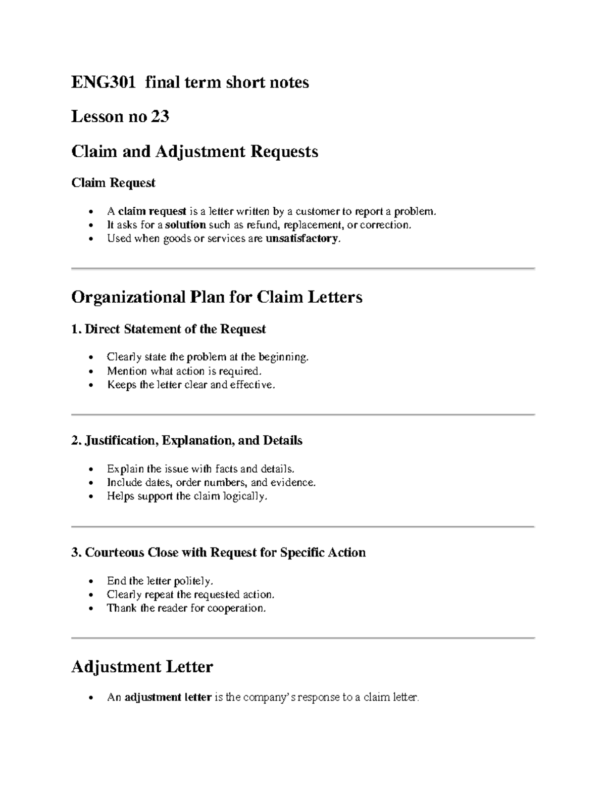 ENG301 Final Term Short Notes: Claim, Adjustment, and Collection ...